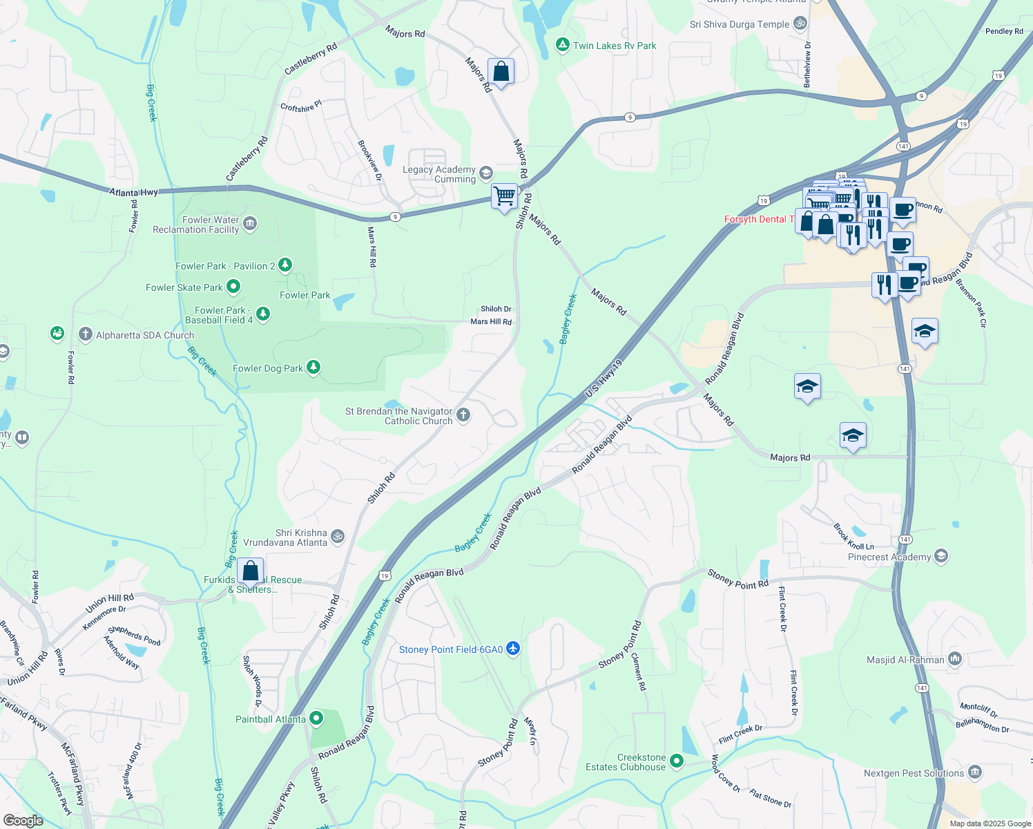 map of restaurants, bars, coffee shops, grocery stores, and more near 4840 Shiloh Springs Road in Cumming
