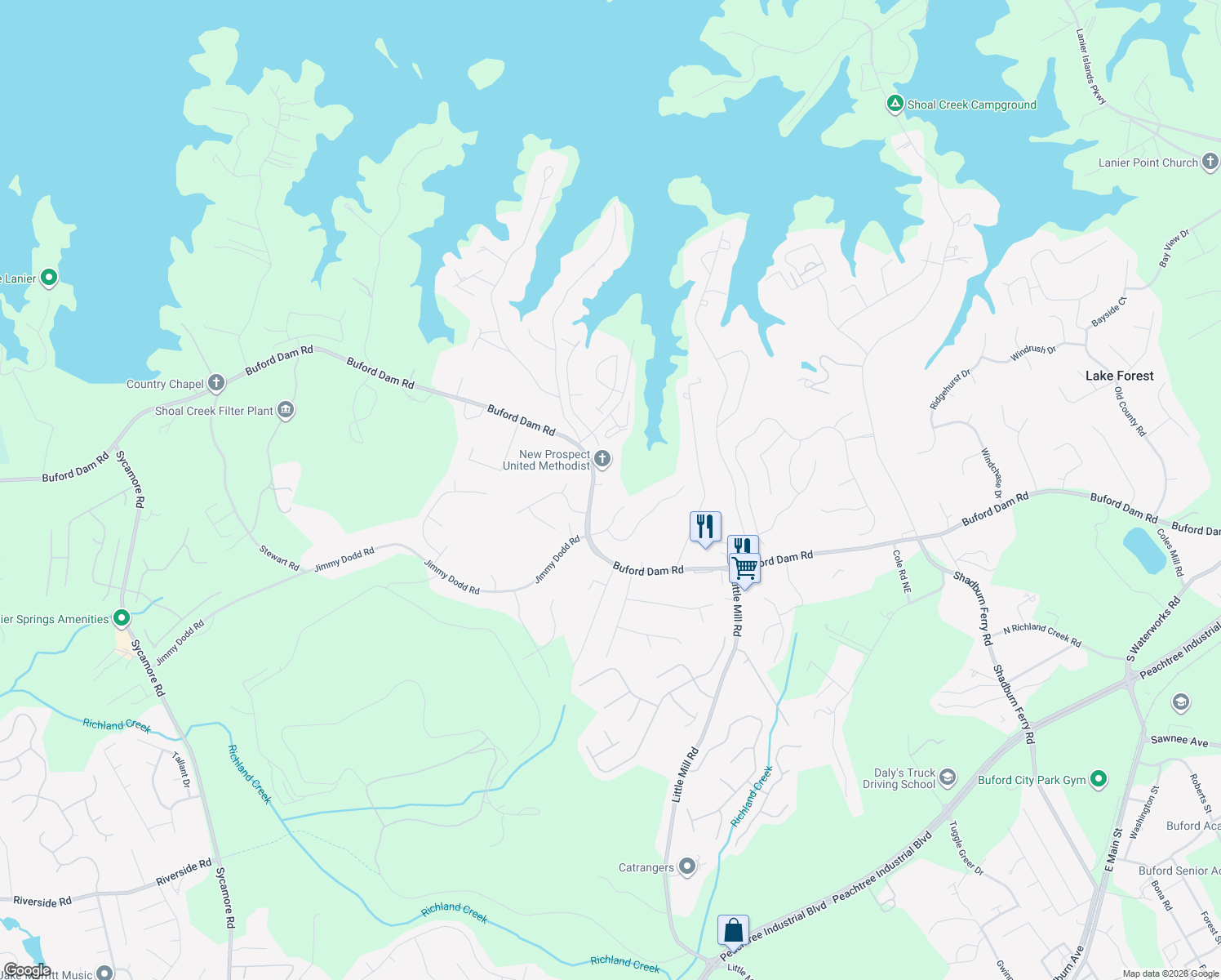 map of restaurants, bars, coffee shops, grocery stores, and more near 2026 Buford Dam Road in Buford