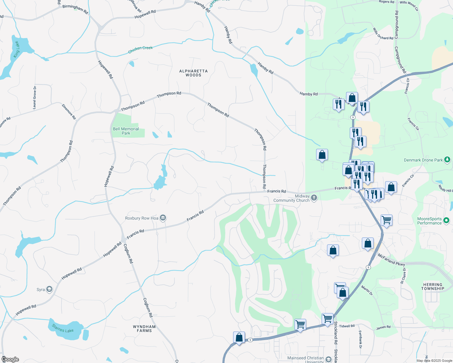 map of restaurants, bars, coffee shops, grocery stores, and more near 720 Old Saddle Lane in Alpharetta