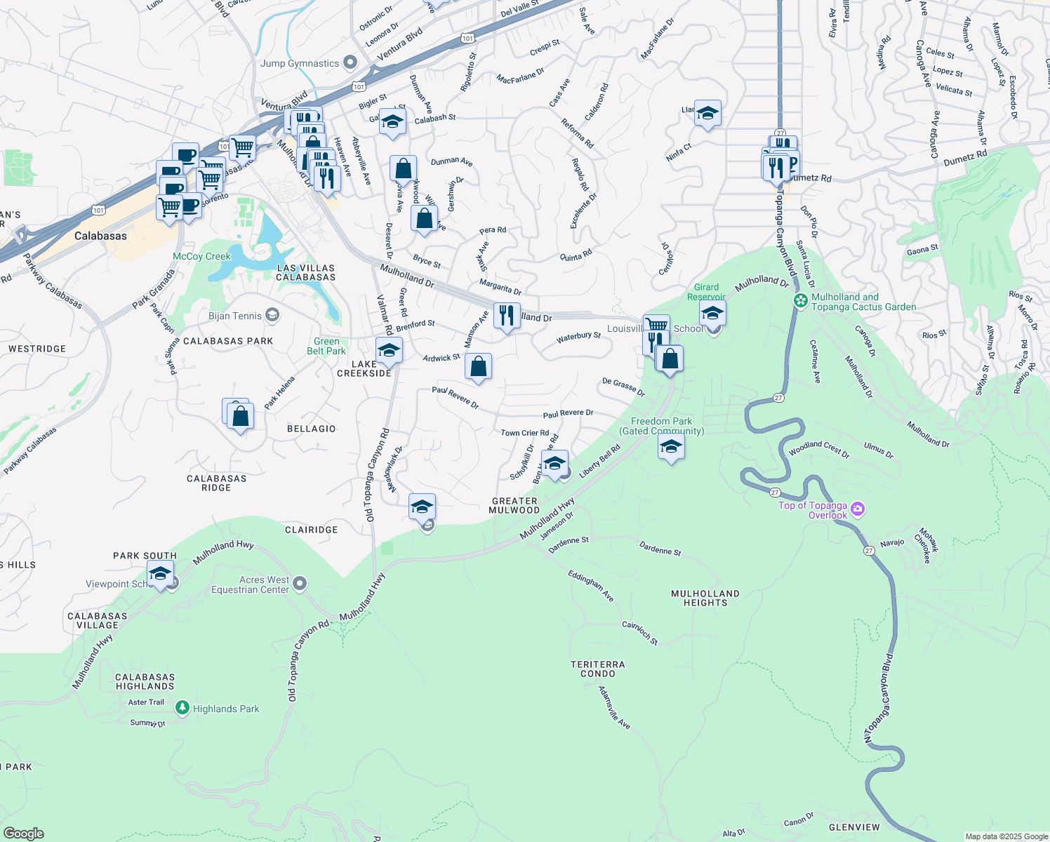 map of restaurants, bars, coffee shops, grocery stores, and more near 22710 Paul Revere Drive in Calabasas