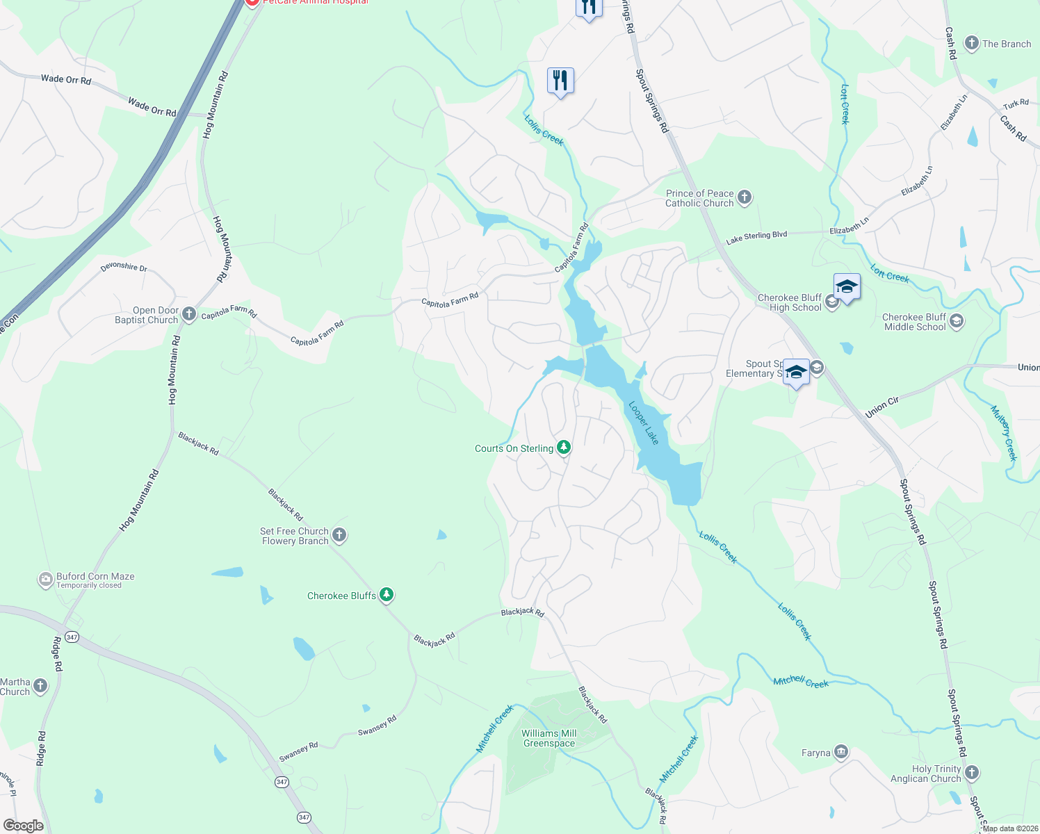 map of restaurants, bars, coffee shops, grocery stores, and more near 7471 Shady Glen Drive in Flowery Branch