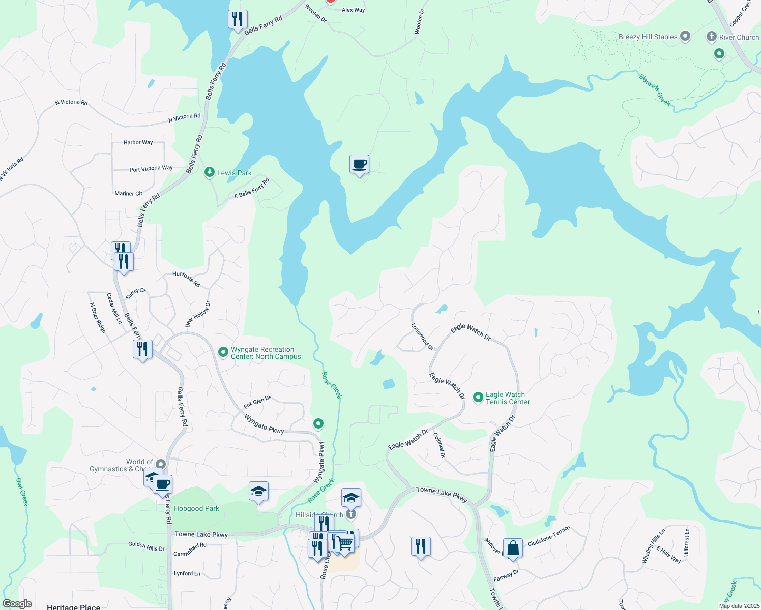 map of restaurants, bars, coffee shops, grocery stores, and more near 1801 Summerview Court in Woodstock