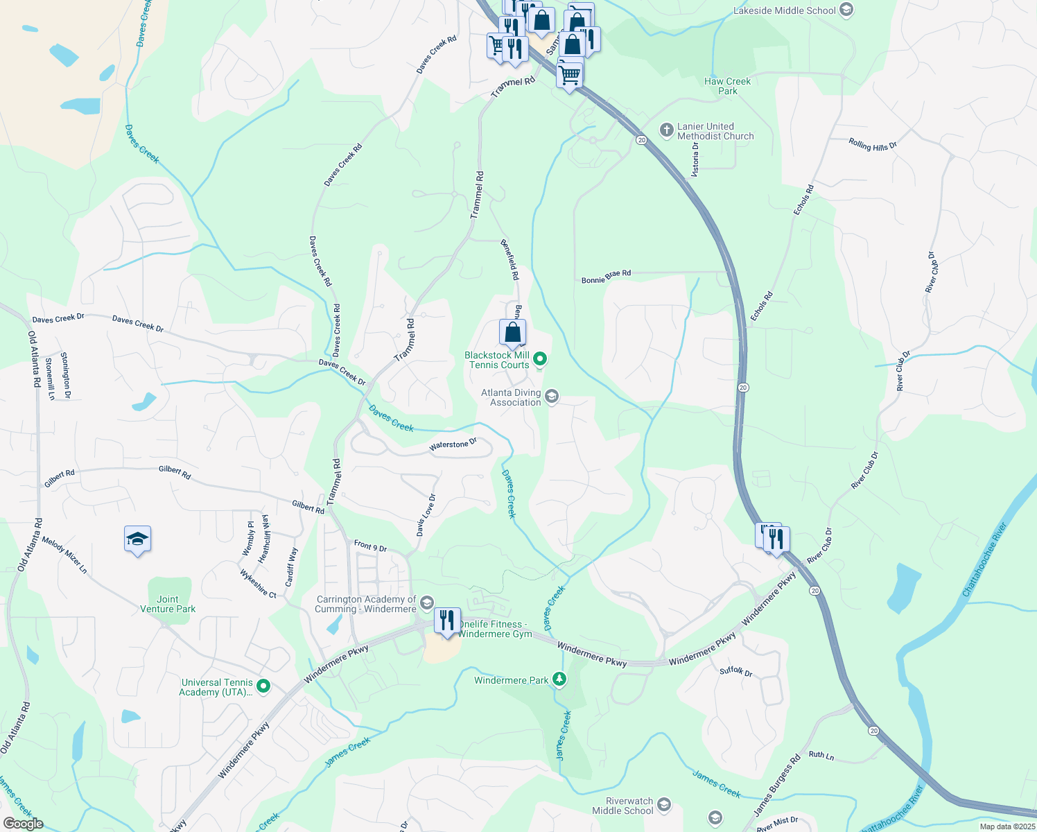map of restaurants, bars, coffee shops, grocery stores, and more near 2940 Blackstock Drive in Cumming
