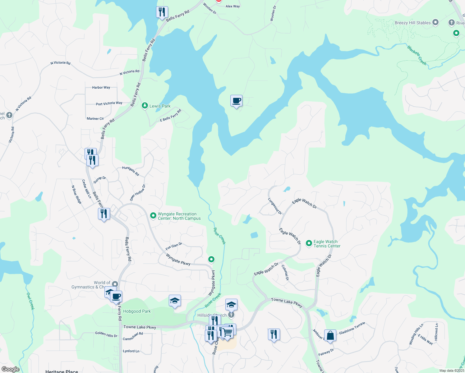 map of restaurants, bars, coffee shops, grocery stores, and more near 1328 Amberwood Drive in Woodstock