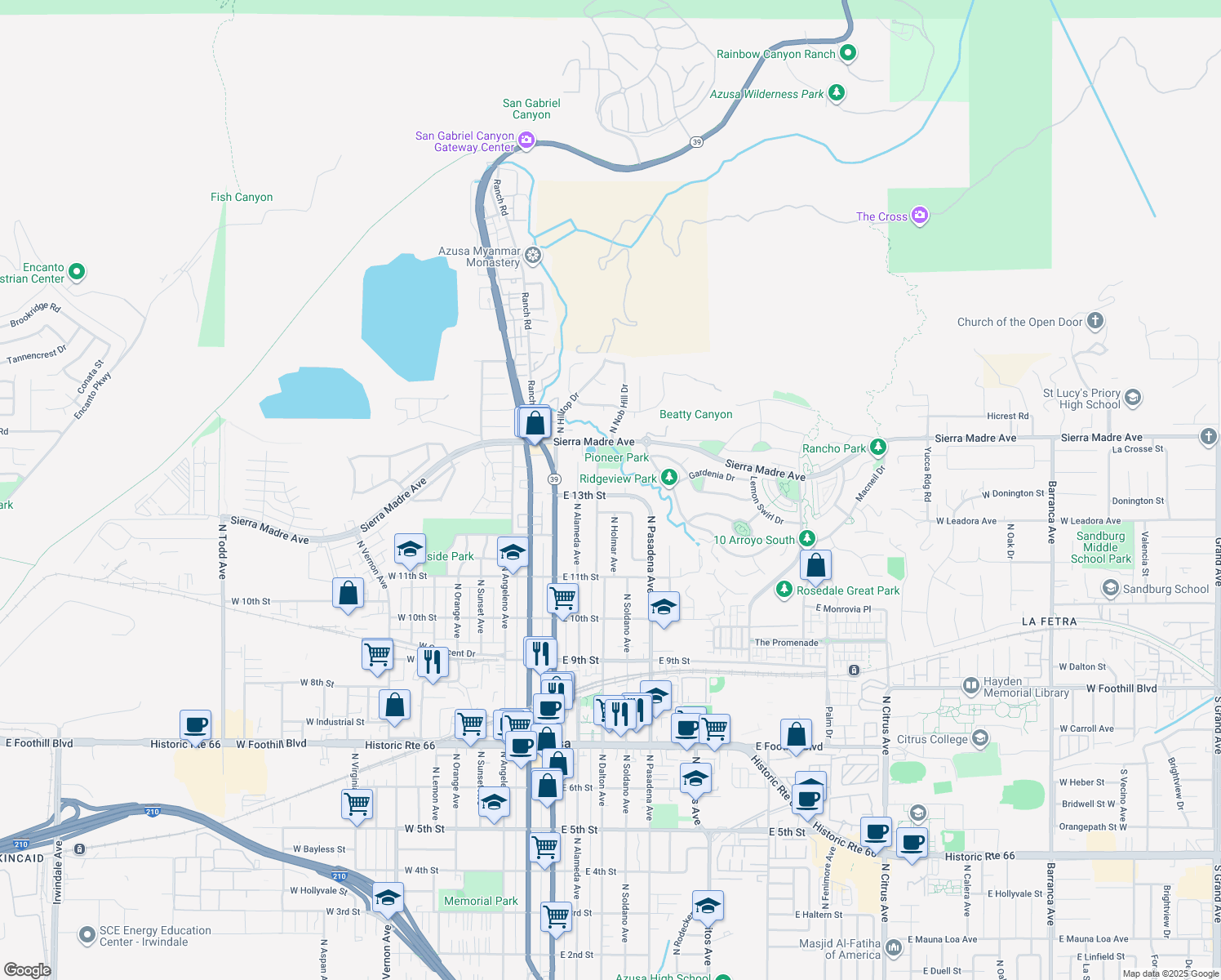 map of restaurants, bars, coffee shops, grocery stores, and more near 333 East 13th Street in Azusa