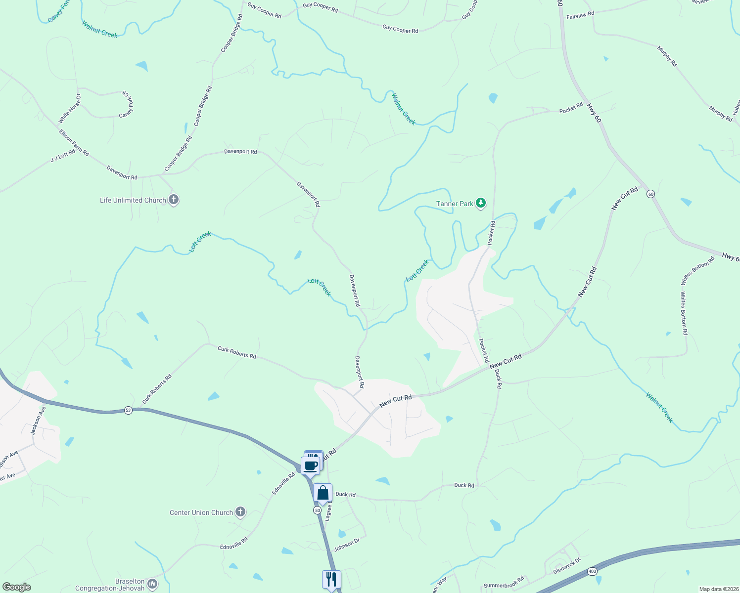 map of restaurants, bars, coffee shops, grocery stores, and more near 532 Davenport Road in Braselton