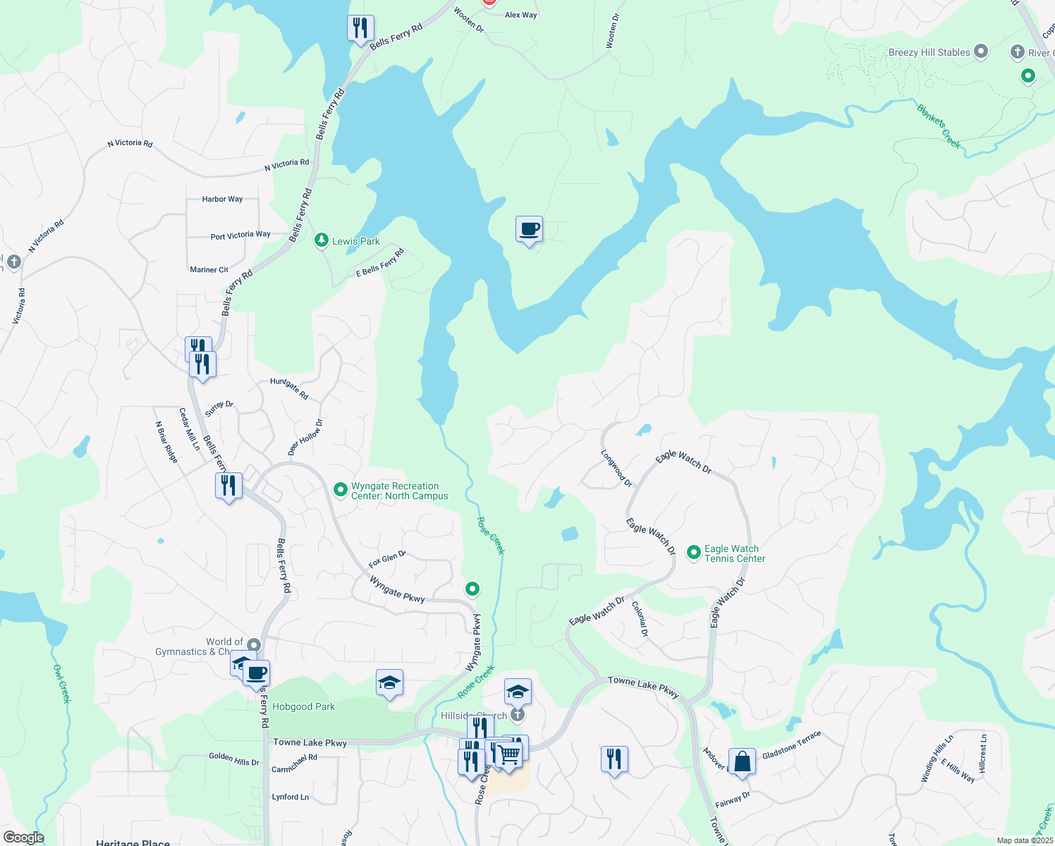 map of restaurants, bars, coffee shops, grocery stores, and more near 1326 Amberwood Drive in Woodstock