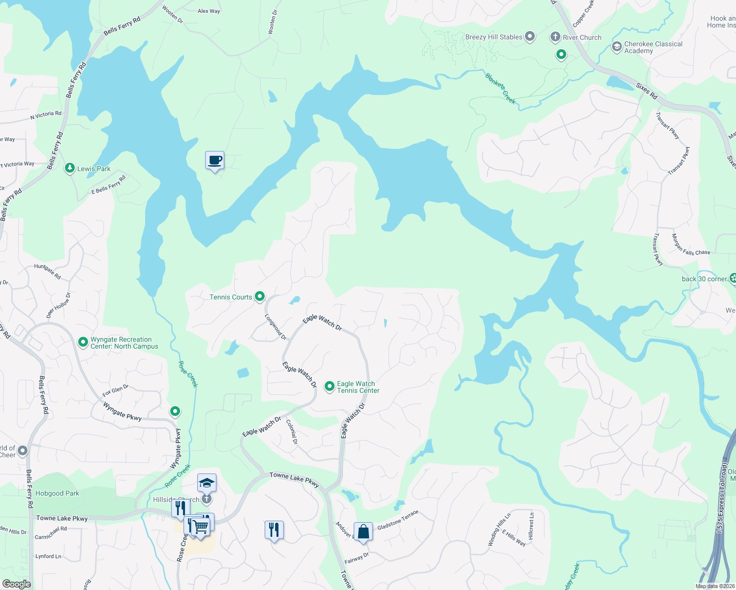 map of restaurants, bars, coffee shops, grocery stores, and more near 727 Whisper Wind Court in Woodstock
