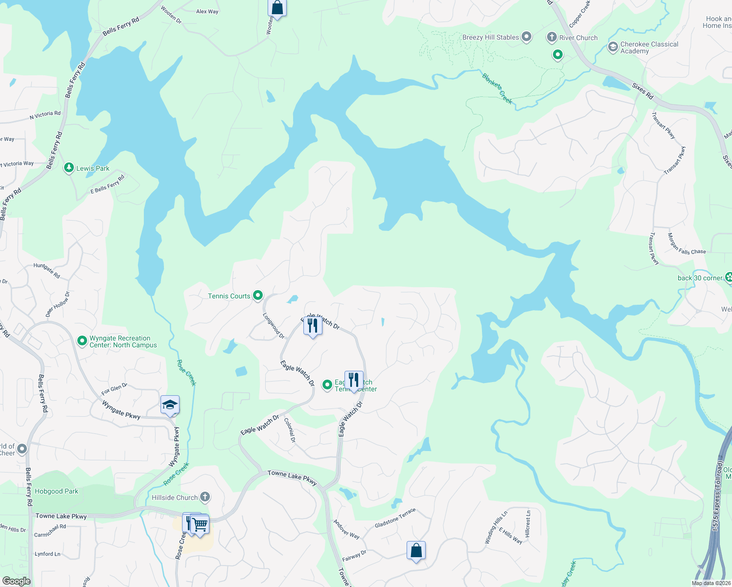 map of restaurants, bars, coffee shops, grocery stores, and more near 727 Whisper Wind Court in Woodstock