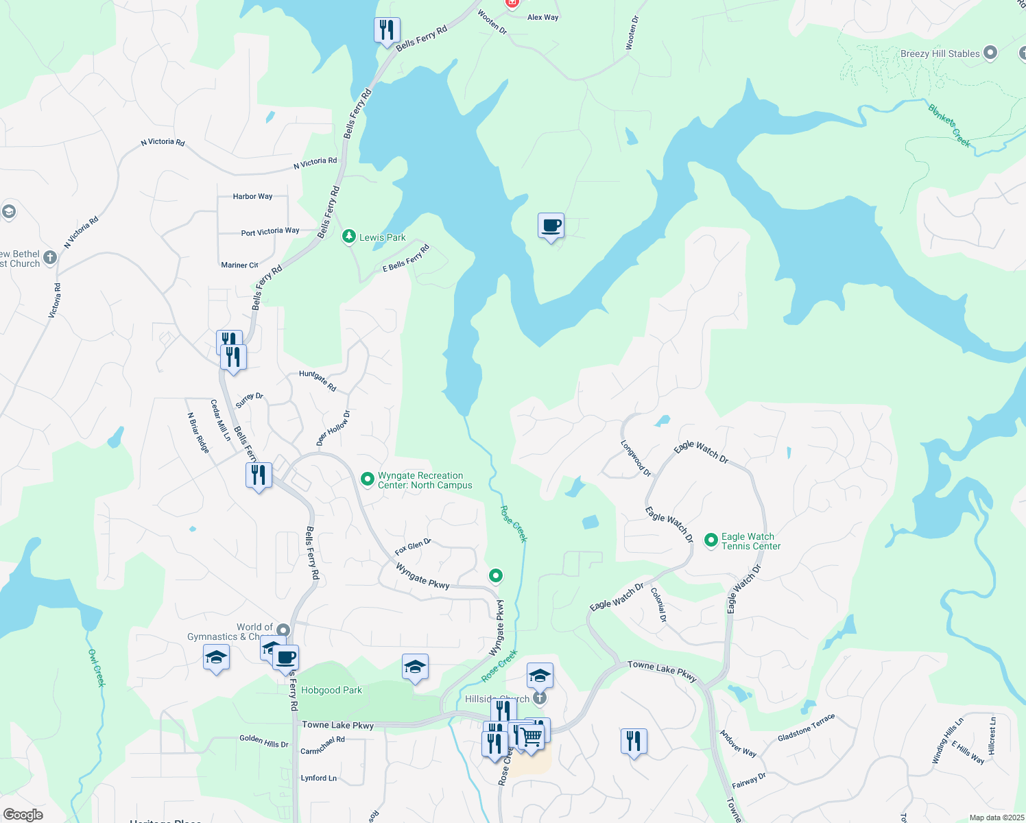 map of restaurants, bars, coffee shops, grocery stores, and more near 1336 Amberwood Drive in Woodstock