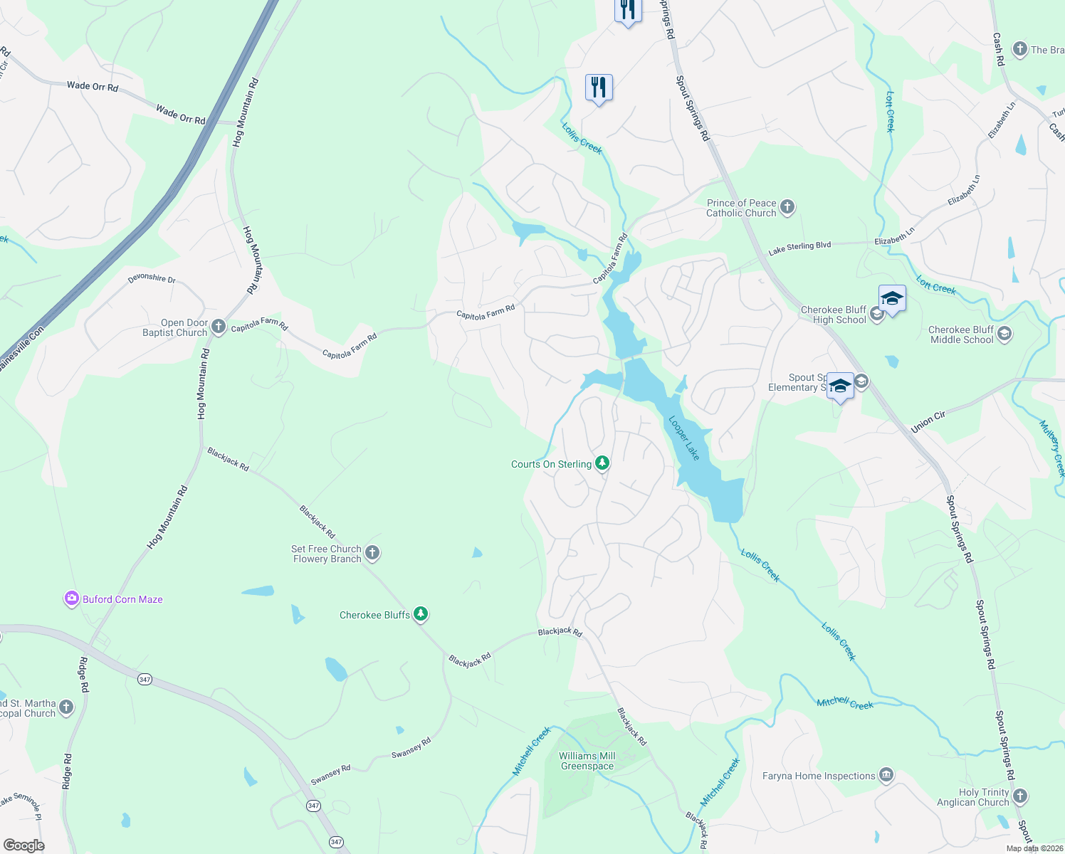 map of restaurants, bars, coffee shops, grocery stores, and more near 6712 Bragg Road in Flowery Branch