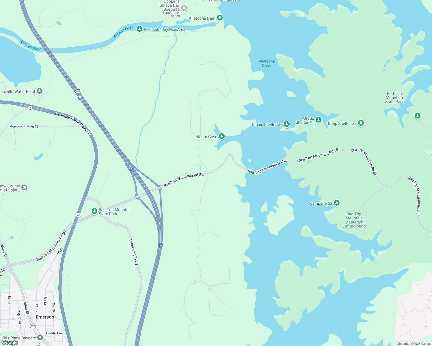 map of restaurants, bars, coffee shops, grocery stores, and more near Red Top Mountain Road Southeast in Cartersville