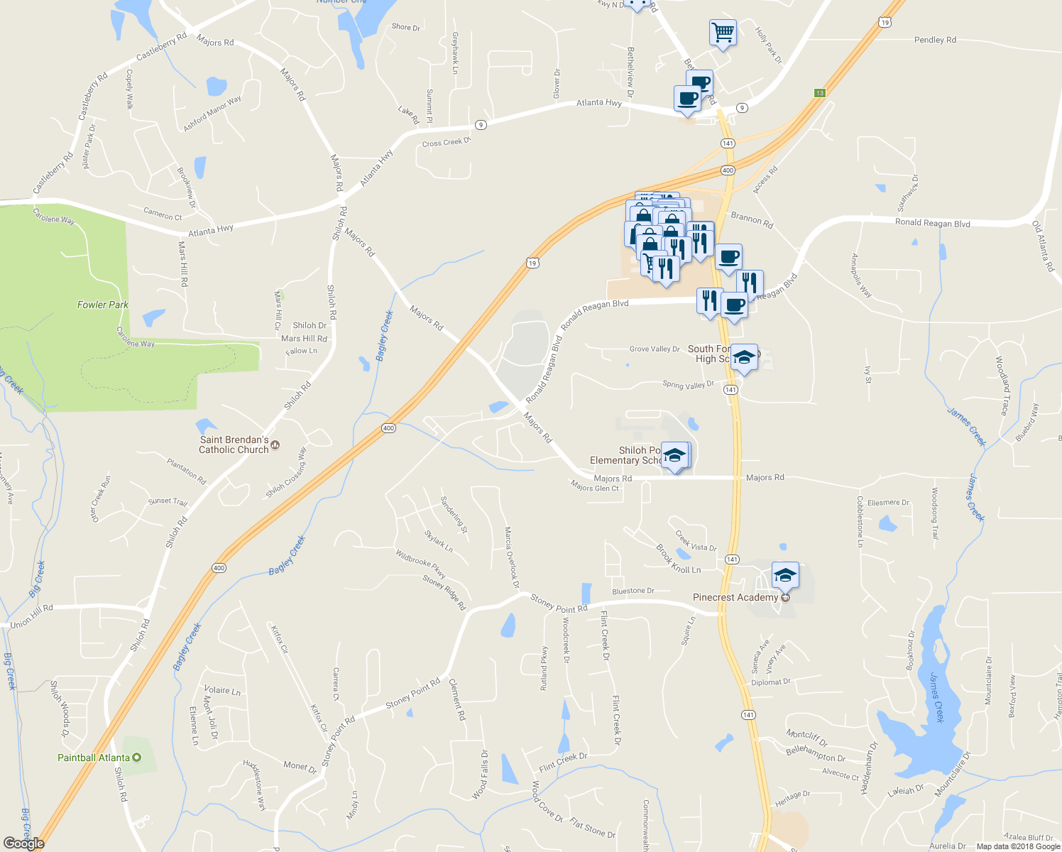 map of restaurants, bars, coffee shops, grocery stores, and more near 8595 Village School Drive in Cumming