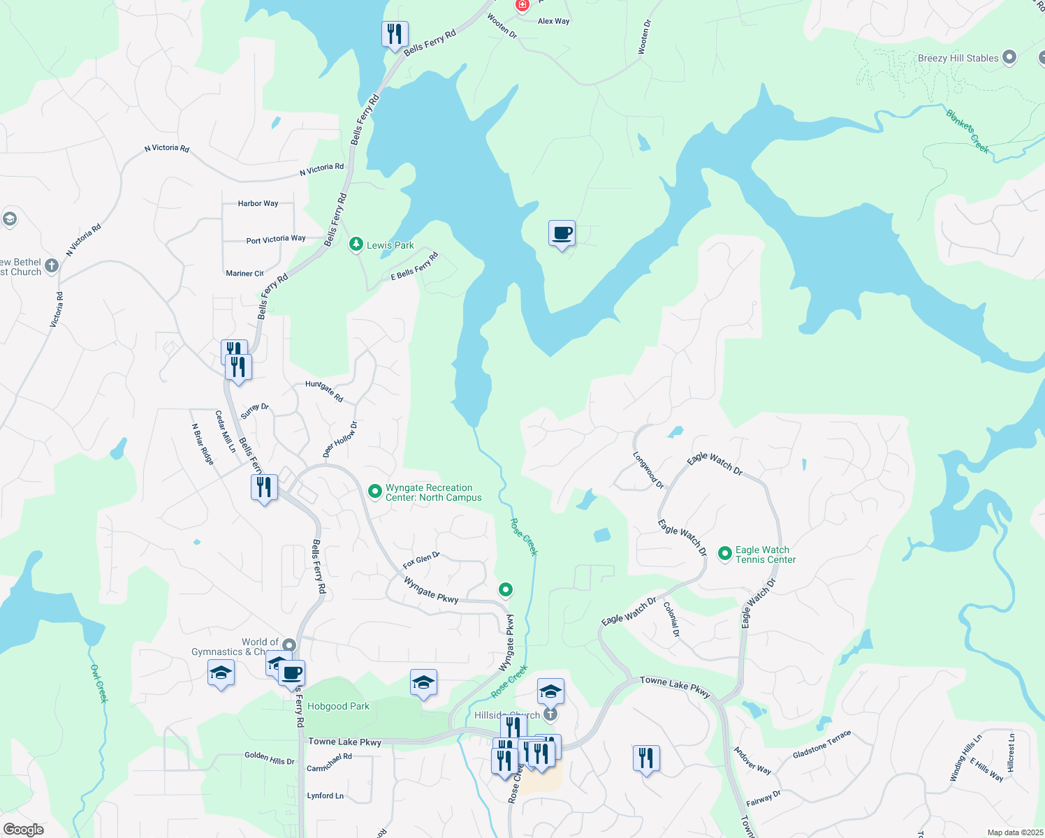 map of restaurants, bars, coffee shops, grocery stores, and more near 1336 Amberwood Drive in Woodstock