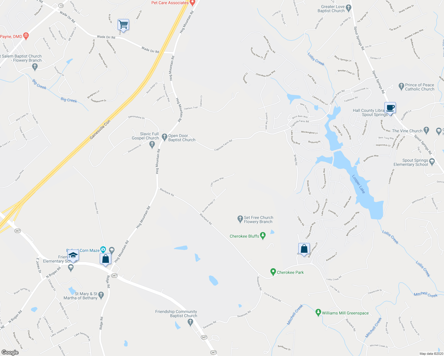 map of restaurants, bars, coffee shops, grocery stores, and more near 5861 Cliff Valley Way in Flowery Branch
