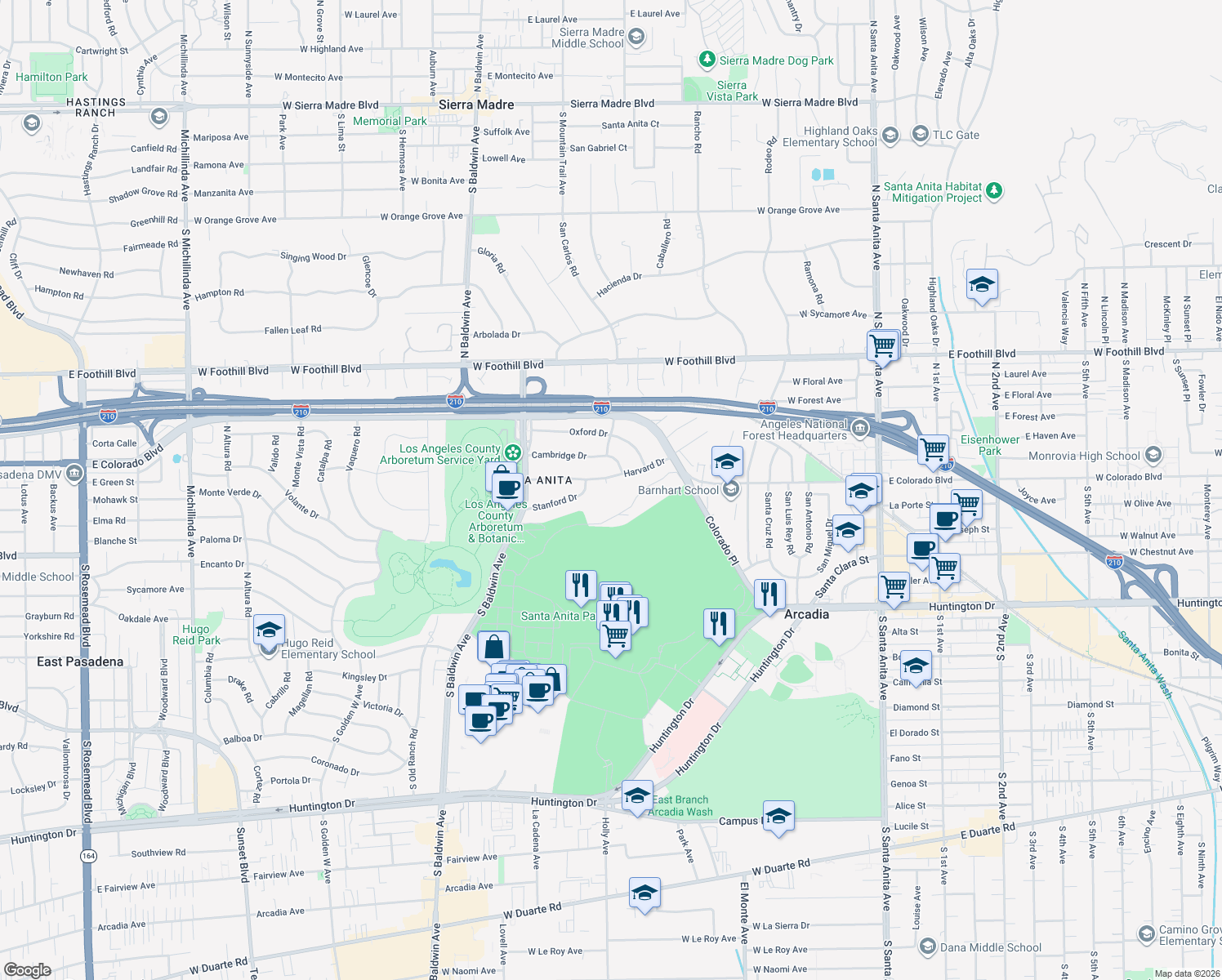 map of restaurants, bars, coffee shops, grocery stores, and more near 400 Harvard Drive in Arcadia