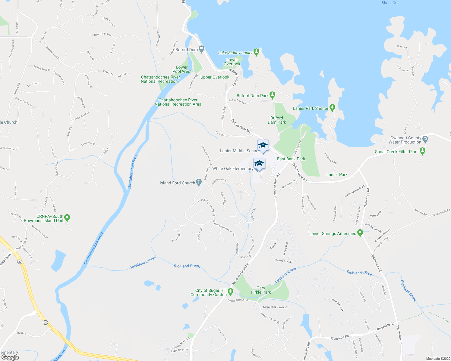 map of restaurants, bars, coffee shops, grocery stores, and more near 6855 River Island Cir in Buford