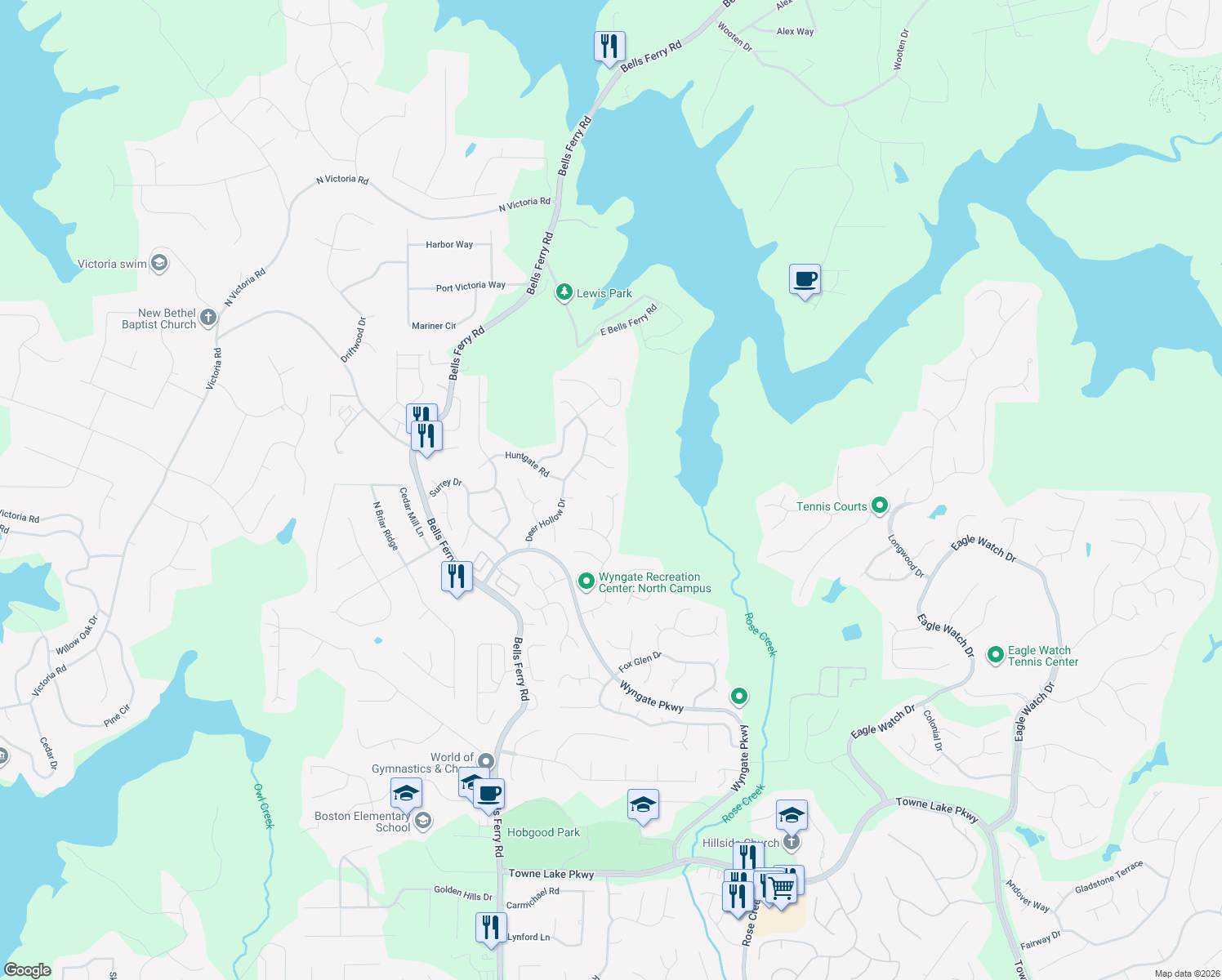map of restaurants, bars, coffee shops, grocery stores, and more near 1026 Chatsworth Lane in Woodstock