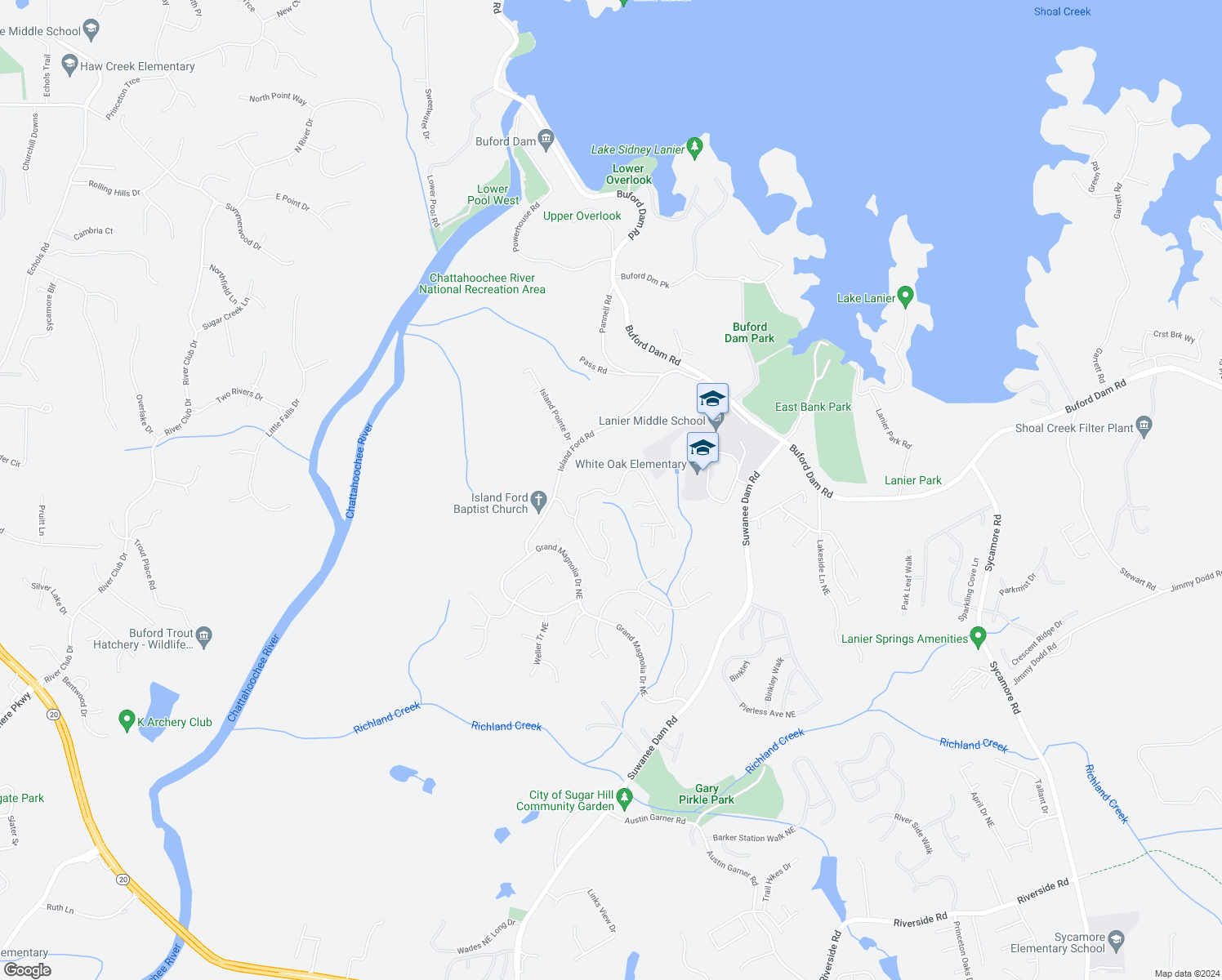 map of restaurants, bars, coffee shops, grocery stores, and more near 6890 River Island Circle in Buford