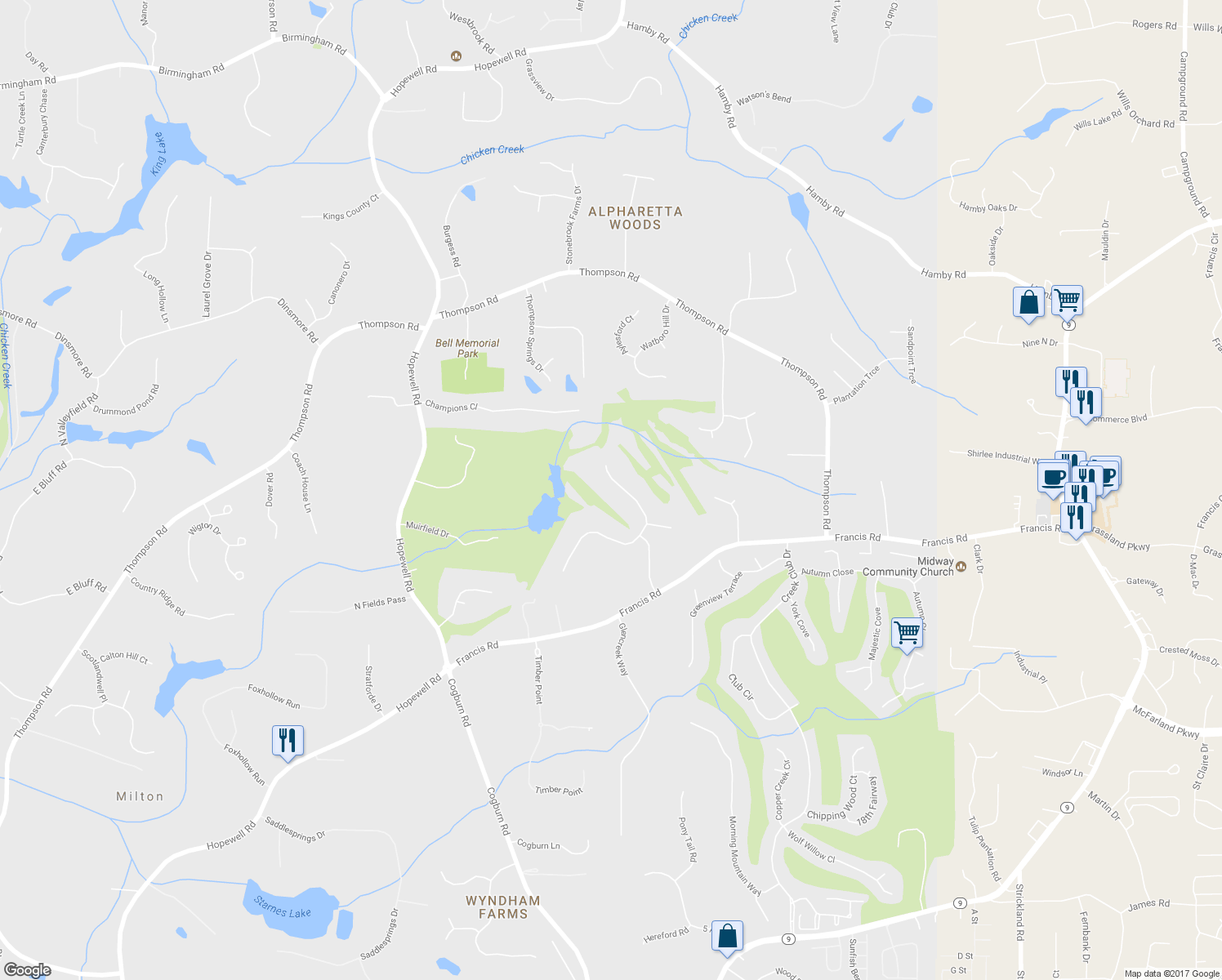 map of restaurants, bars, coffee shops, grocery stores, and more near 365 Champions View Drive in Alpharetta