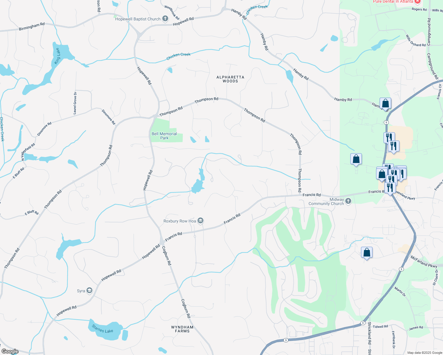 map of restaurants, bars, coffee shops, grocery stores, and more near 365 Champions View Drive in Alpharetta