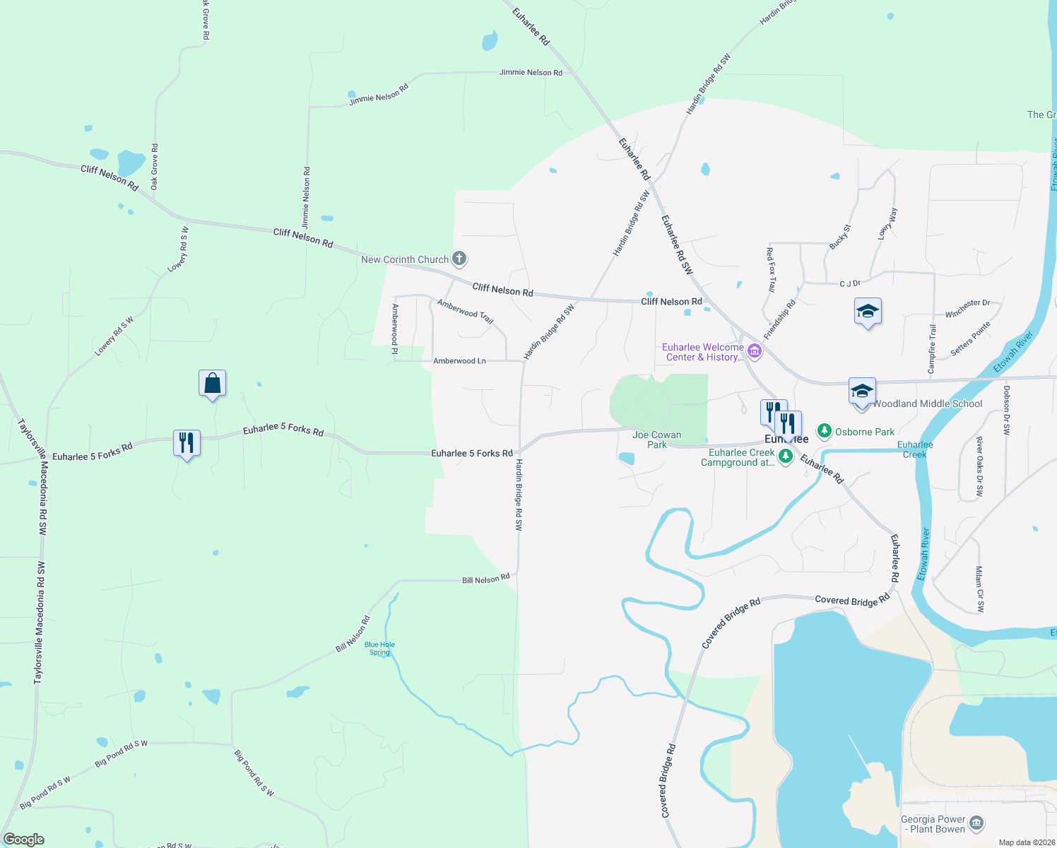 map of restaurants, bars, coffee shops, grocery stores, and more near 1227 Hardin Bridge Road in Euharlee