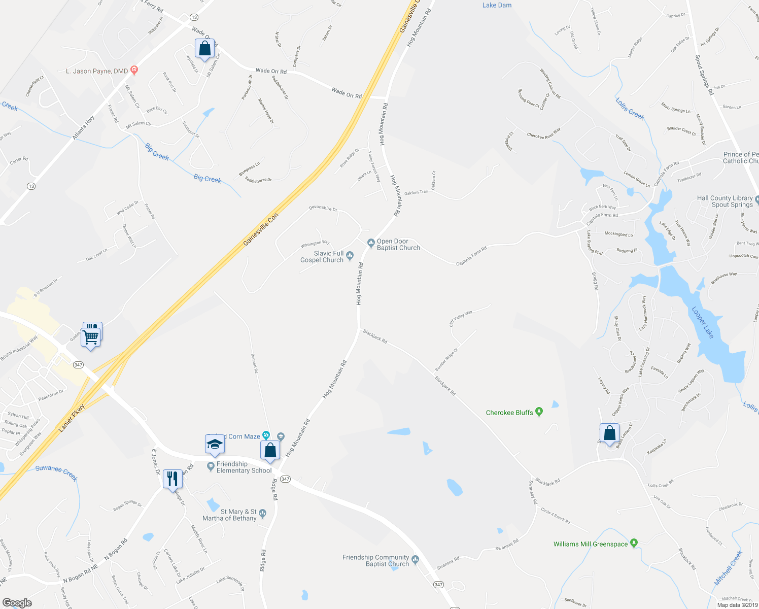 map of restaurants, bars, coffee shops, grocery stores, and more near 5565 Hog Mountain Road in Flowery Branch