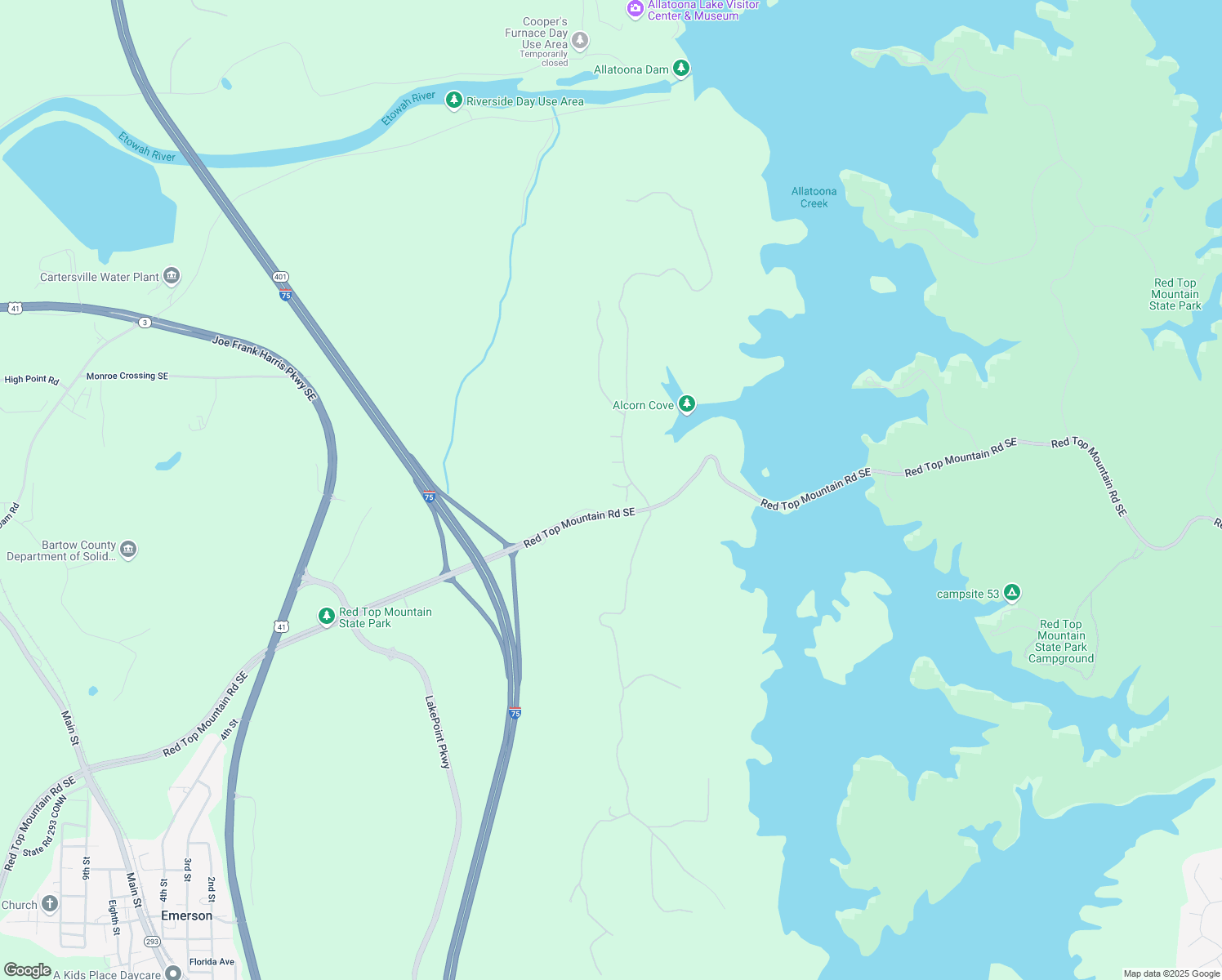 map of restaurants, bars, coffee shops, grocery stores, and more near 17 Cambridge Way in Cartersville