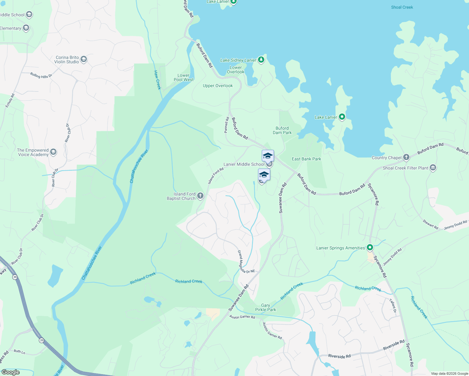 map of restaurants, bars, coffee shops, grocery stores, and more near 6935 River Island Circle in Buford