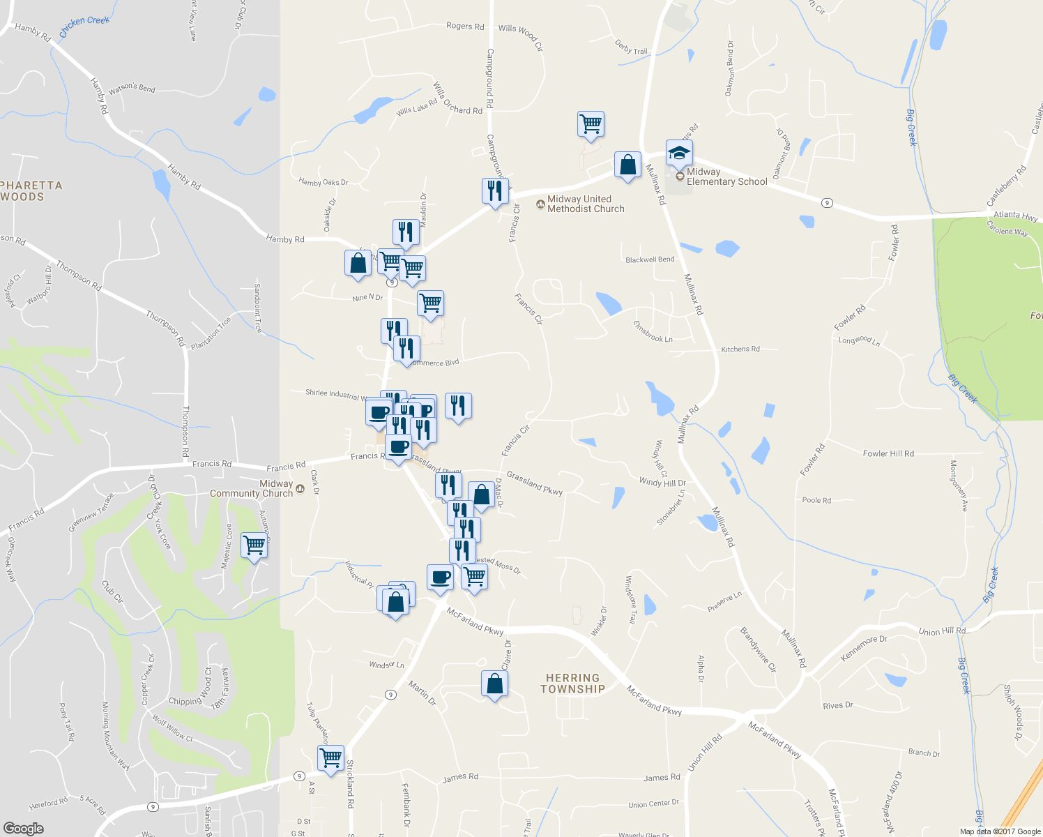 map of restaurants, bars, coffee shops, grocery stores, and more near 3750 Francis Circle in Alpharetta