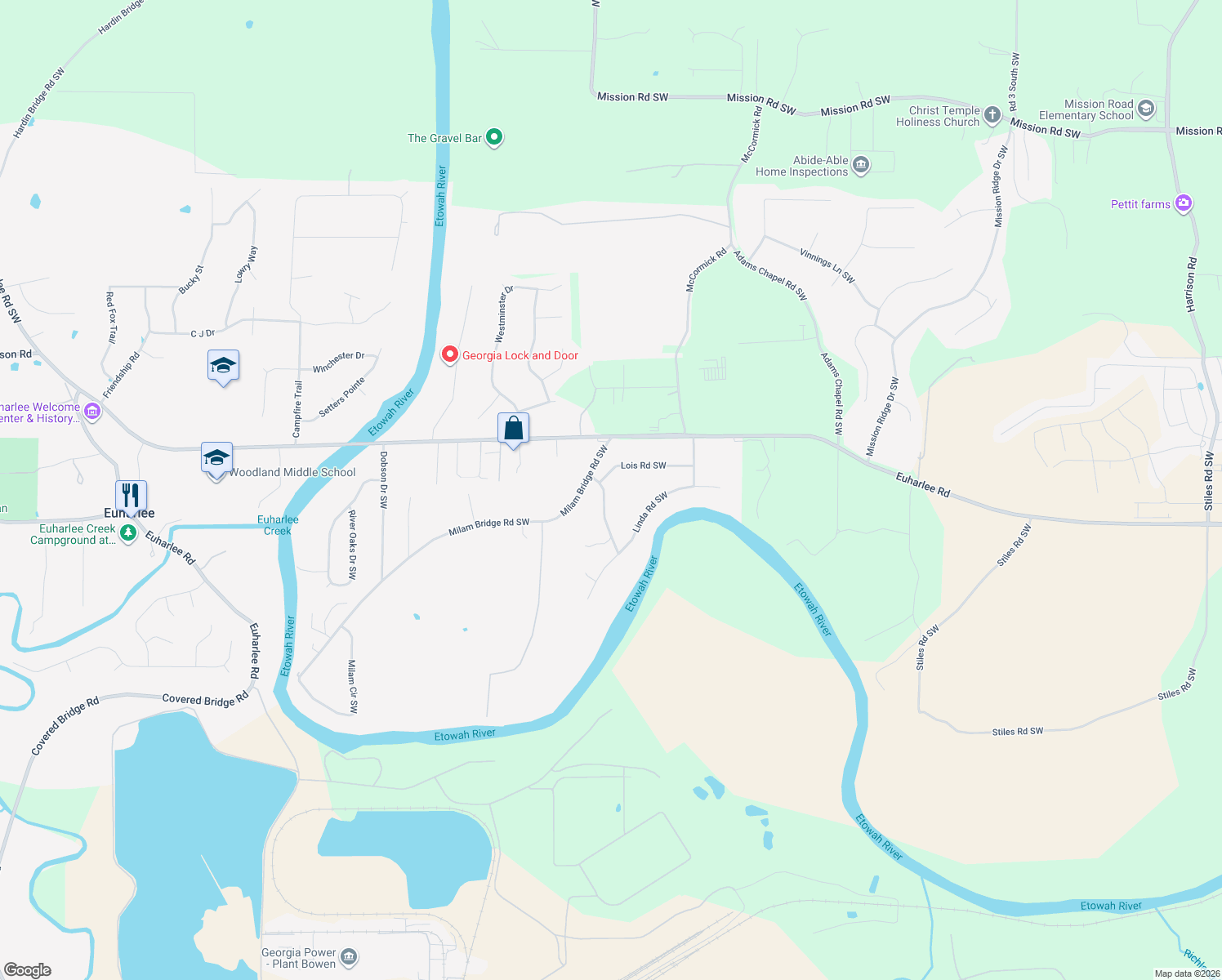 map of restaurants, bars, coffee shops, grocery stores, and more near 19 Colleen and Karen Road Southwest in Cartersville