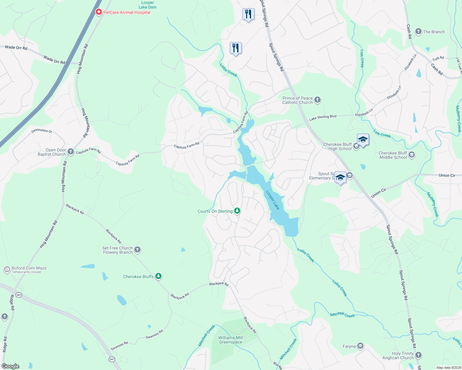 map of restaurants, bars, coffee shops, grocery stores, and more near 7357 Lazy Hammock Way in Flowery Branch