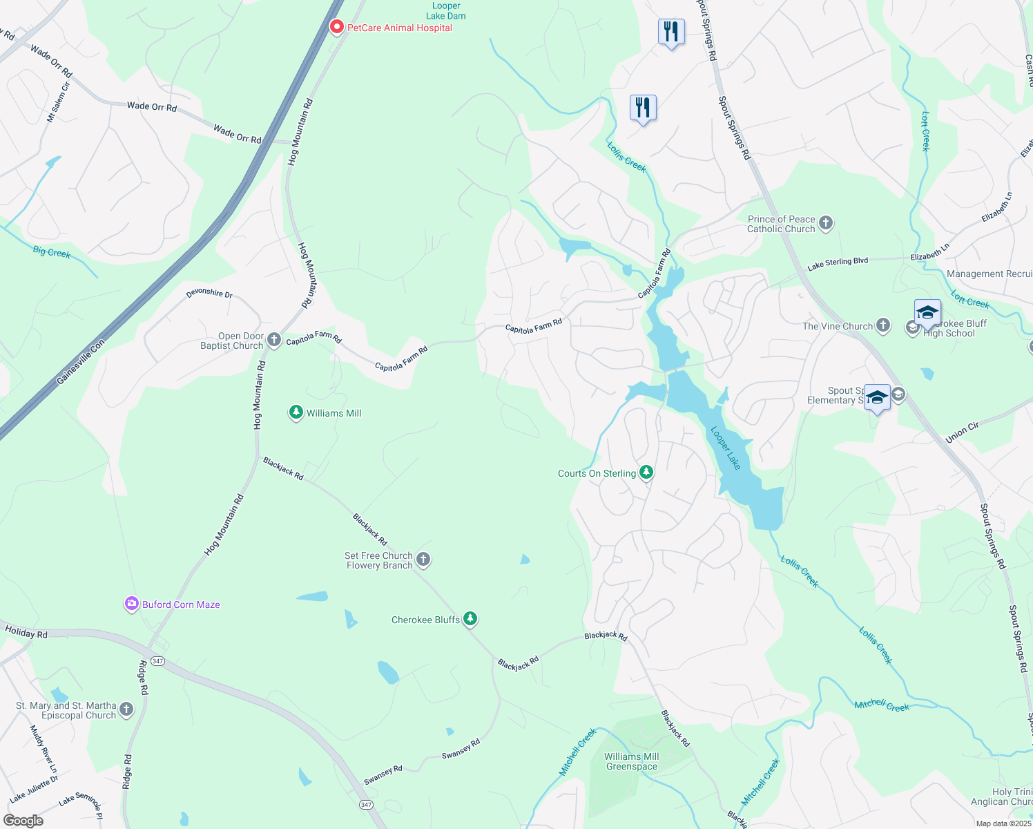 map of restaurants, bars, coffee shops, grocery stores, and more near 6830 Welcome Road in Flowery Branch