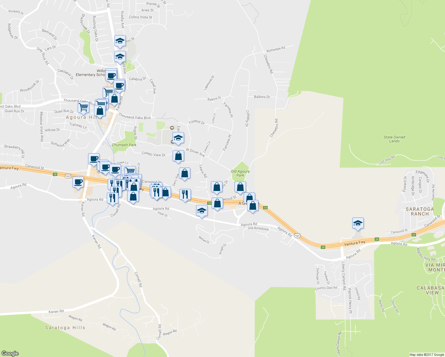 map of restaurants, bars, coffee shops, grocery stores, and more near 5323 Colodny Drive in Agoura Hills