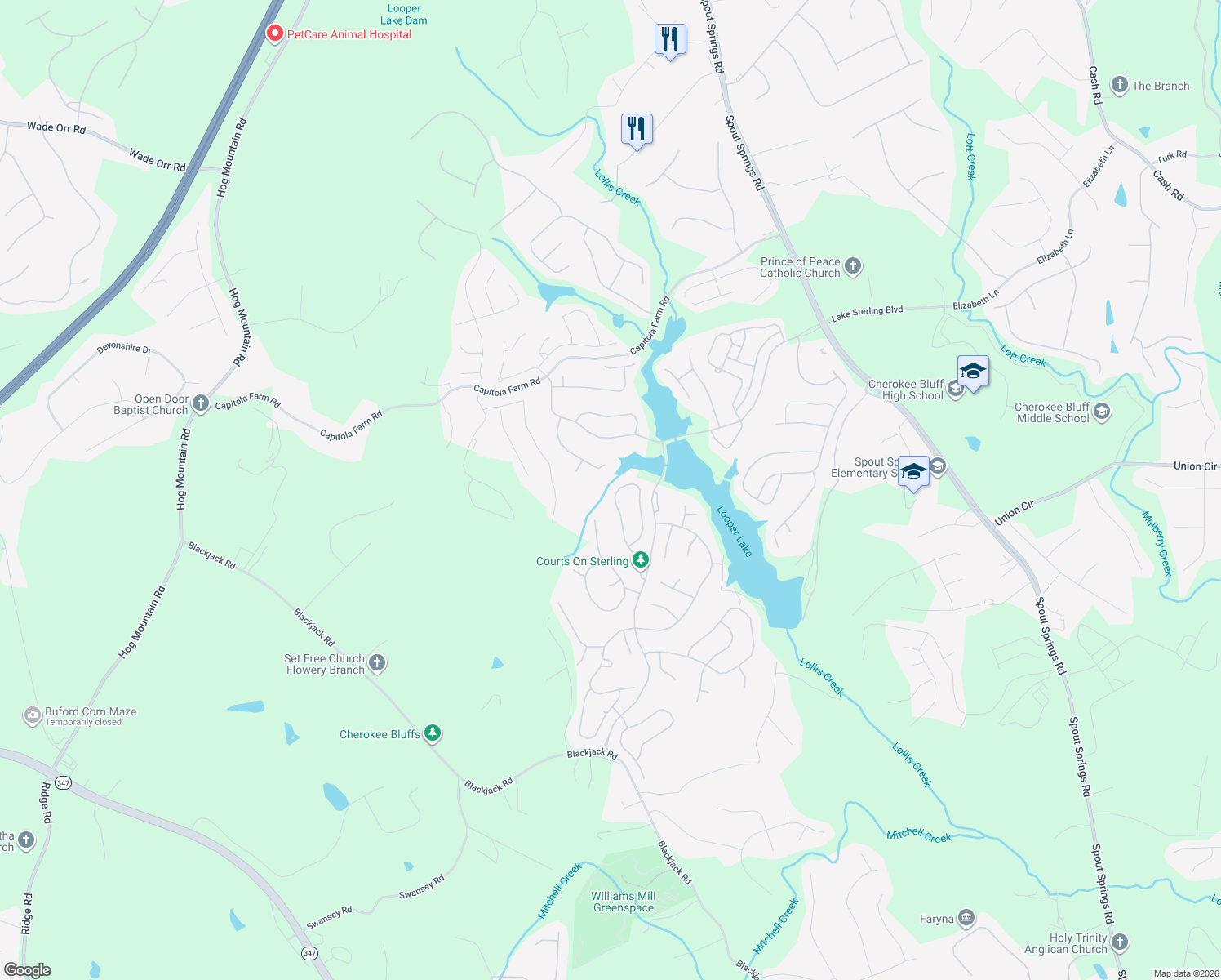 map of restaurants, bars, coffee shops, grocery stores, and more near 7357 Lazy Hammock Way in Flowery Branch