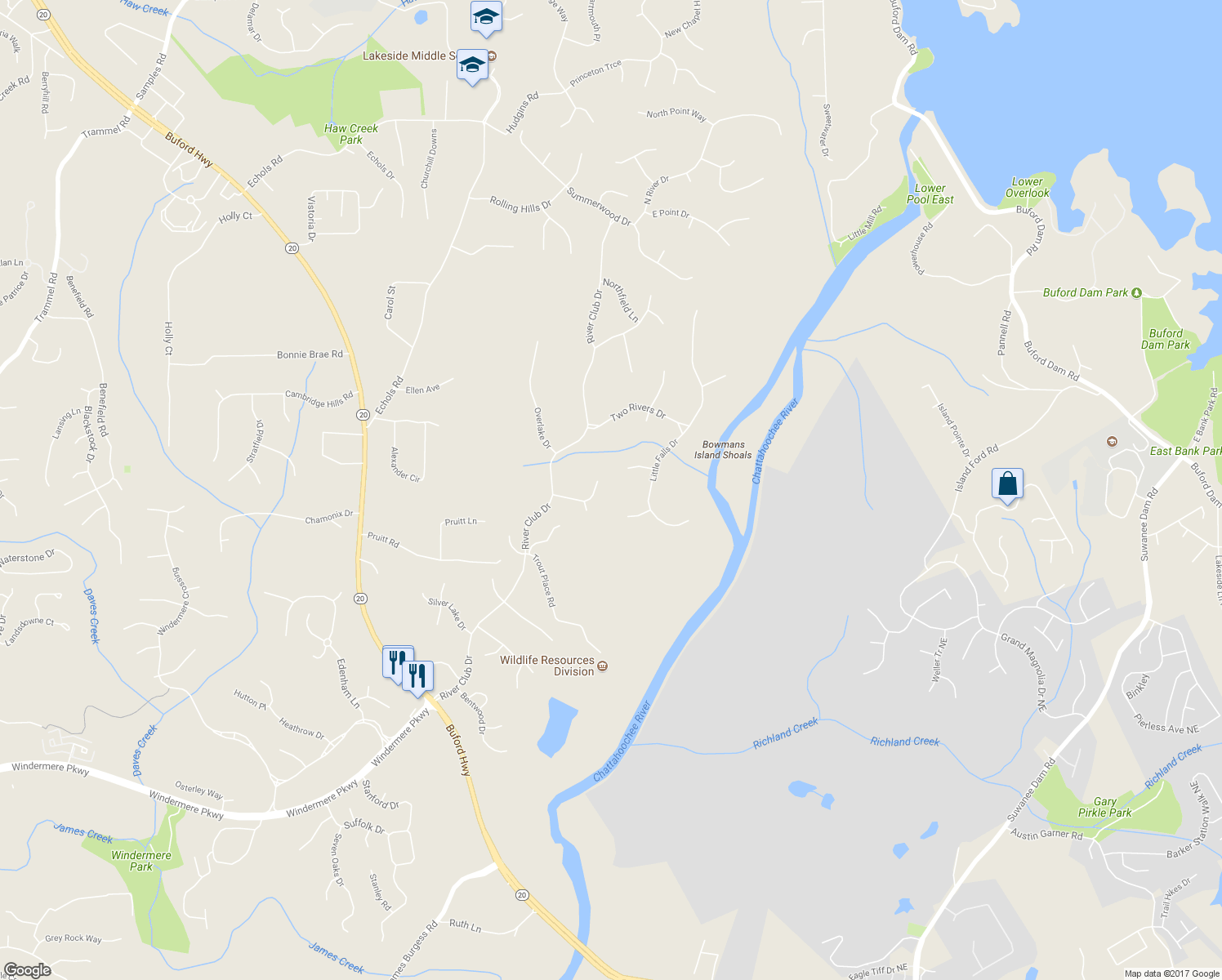 map of restaurants, bars, coffee shops, grocery stores, and more near 3840 High View Court in Cumming