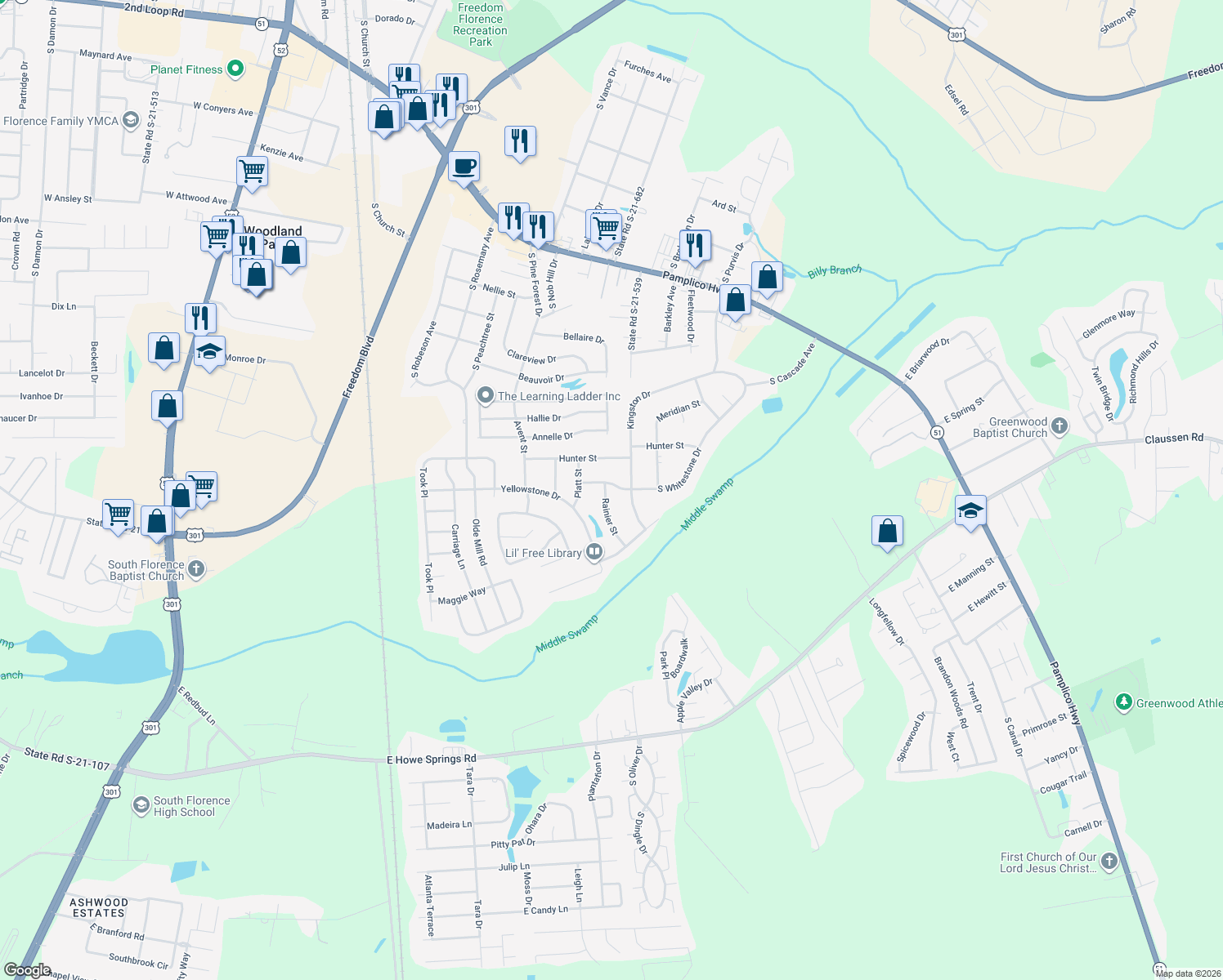 map of restaurants, bars, coffee shops, grocery stores, and more near 2702 Rainier Street in Florence