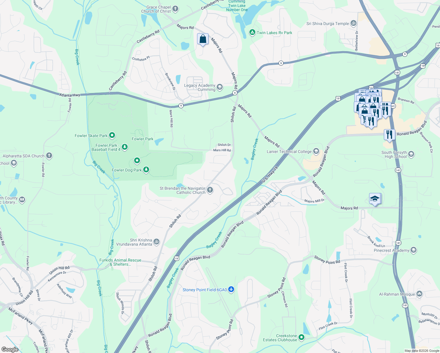 map of restaurants, bars, coffee shops, grocery stores, and more near 4521 Shiloh Road in Cumming