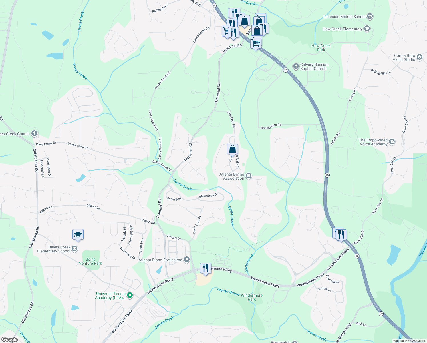 map of restaurants, bars, coffee shops, grocery stores, and more near 2770 Lansing Ln in Cumming