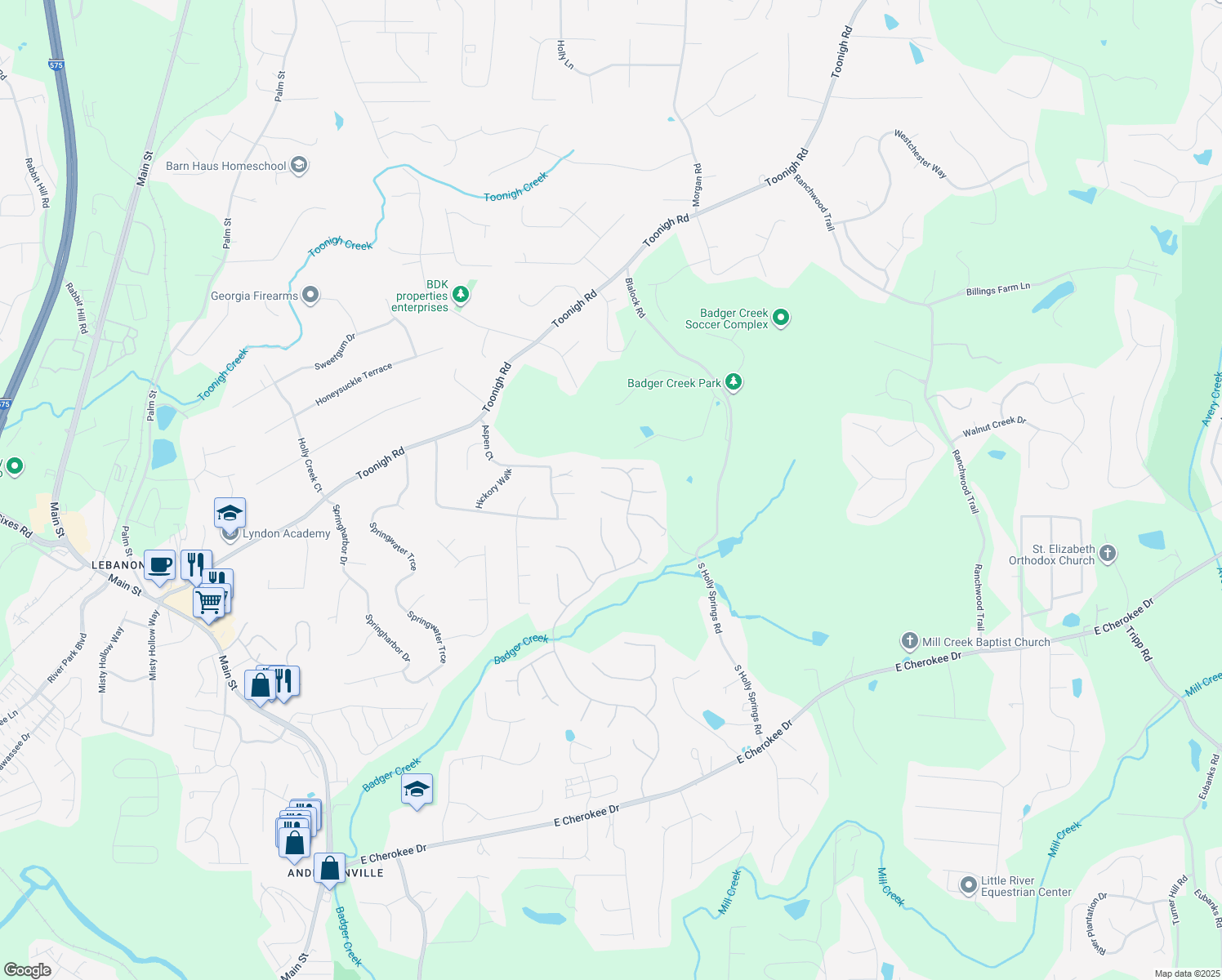 map of restaurants, bars, coffee shops, grocery stores, and more near 306 Meadowwood Circle in Woodstock