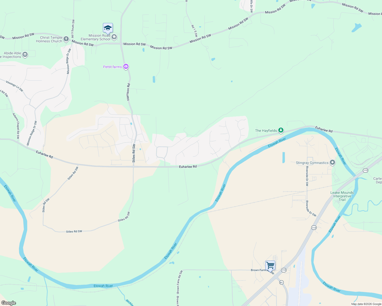 map of restaurants, bars, coffee shops, grocery stores, and more near 34 Engineer Lane in Cartersville