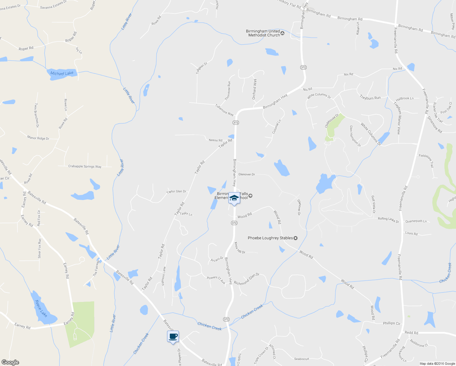 map of restaurants, bars, coffee shops, grocery stores, and more near 14990 Birmingham Highway in Alpharetta