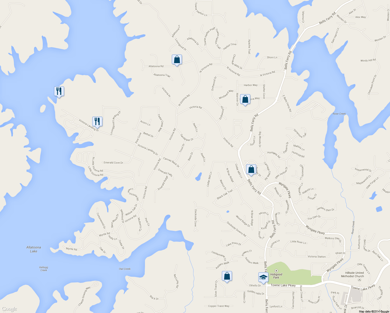 map of restaurants, bars, coffee shops, grocery stores, and more near 1308 Bass Drive in Woodstock