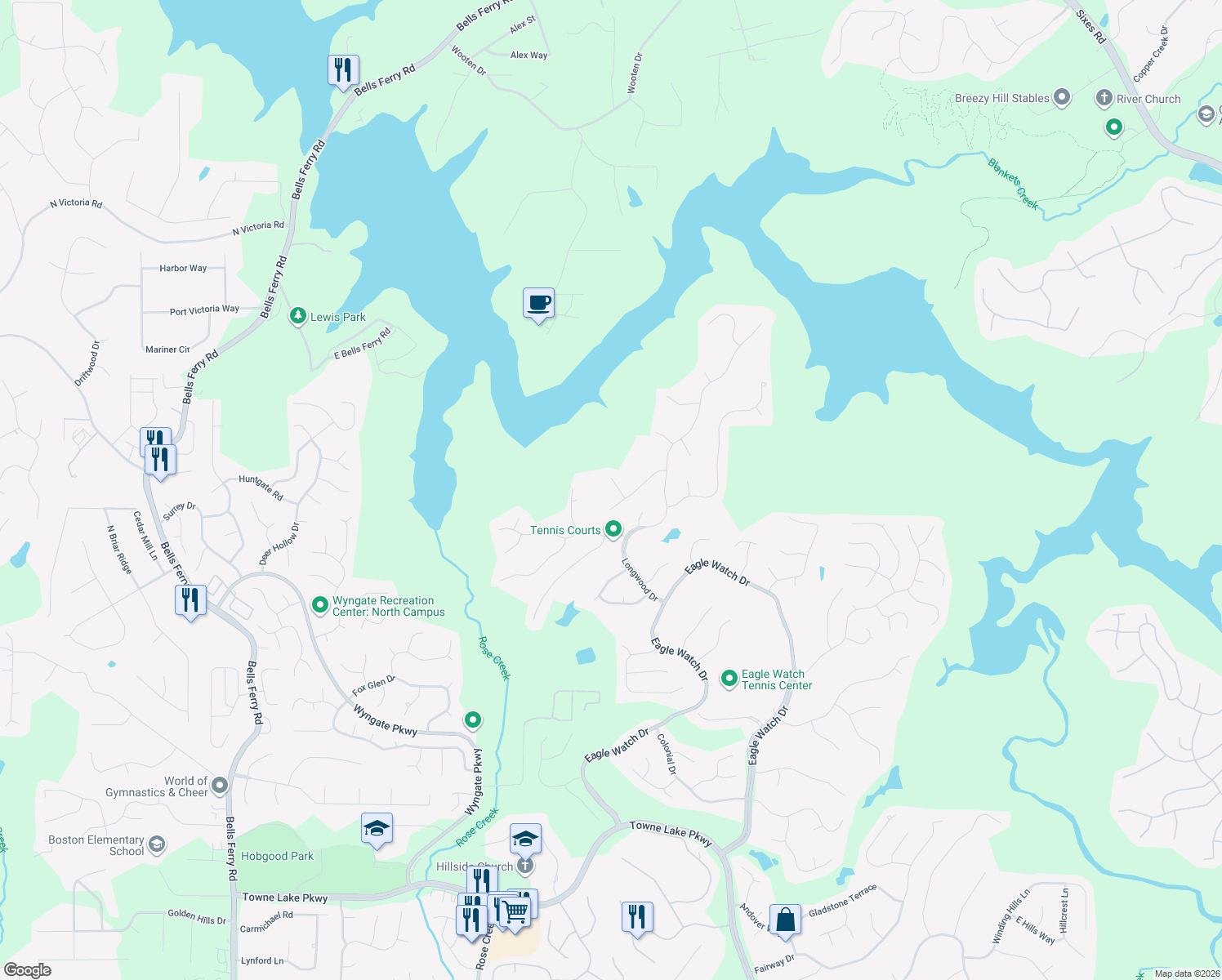 map of restaurants, bars, coffee shops, grocery stores, and more near 803 Azalea Springs Court in Woodstock