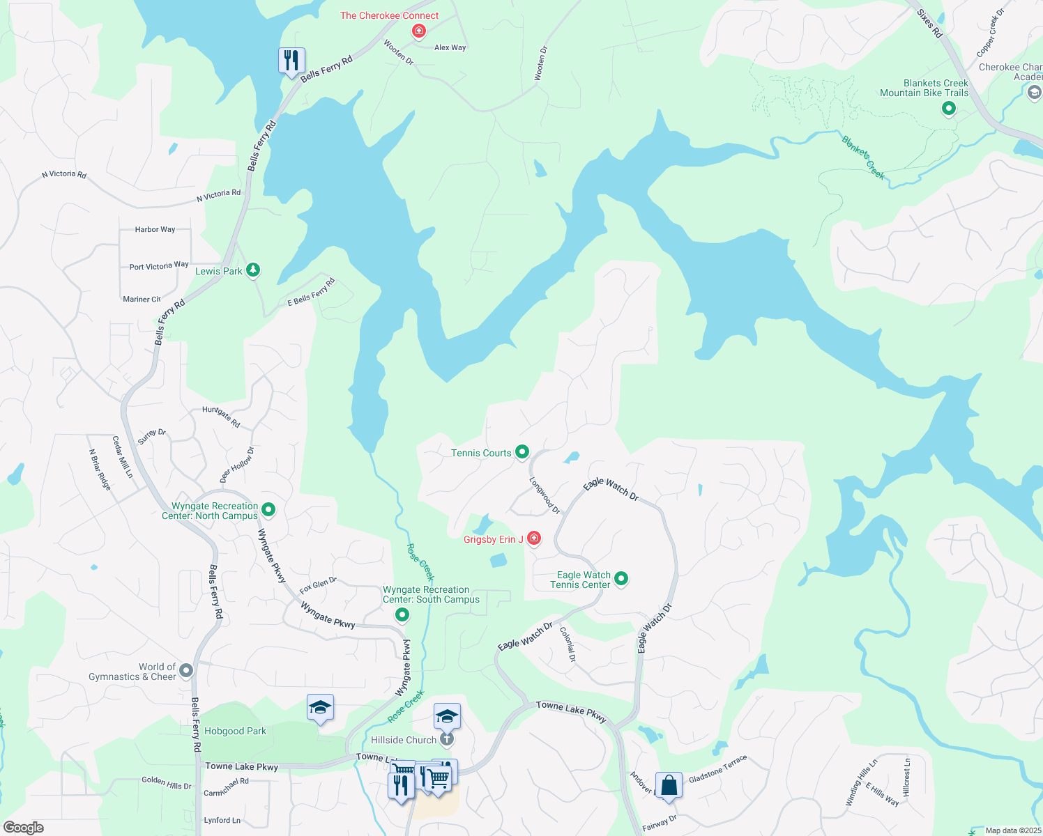 map of restaurants, bars, coffee shops, grocery stores, and more near 803 Azalea Springs Court in Woodstock