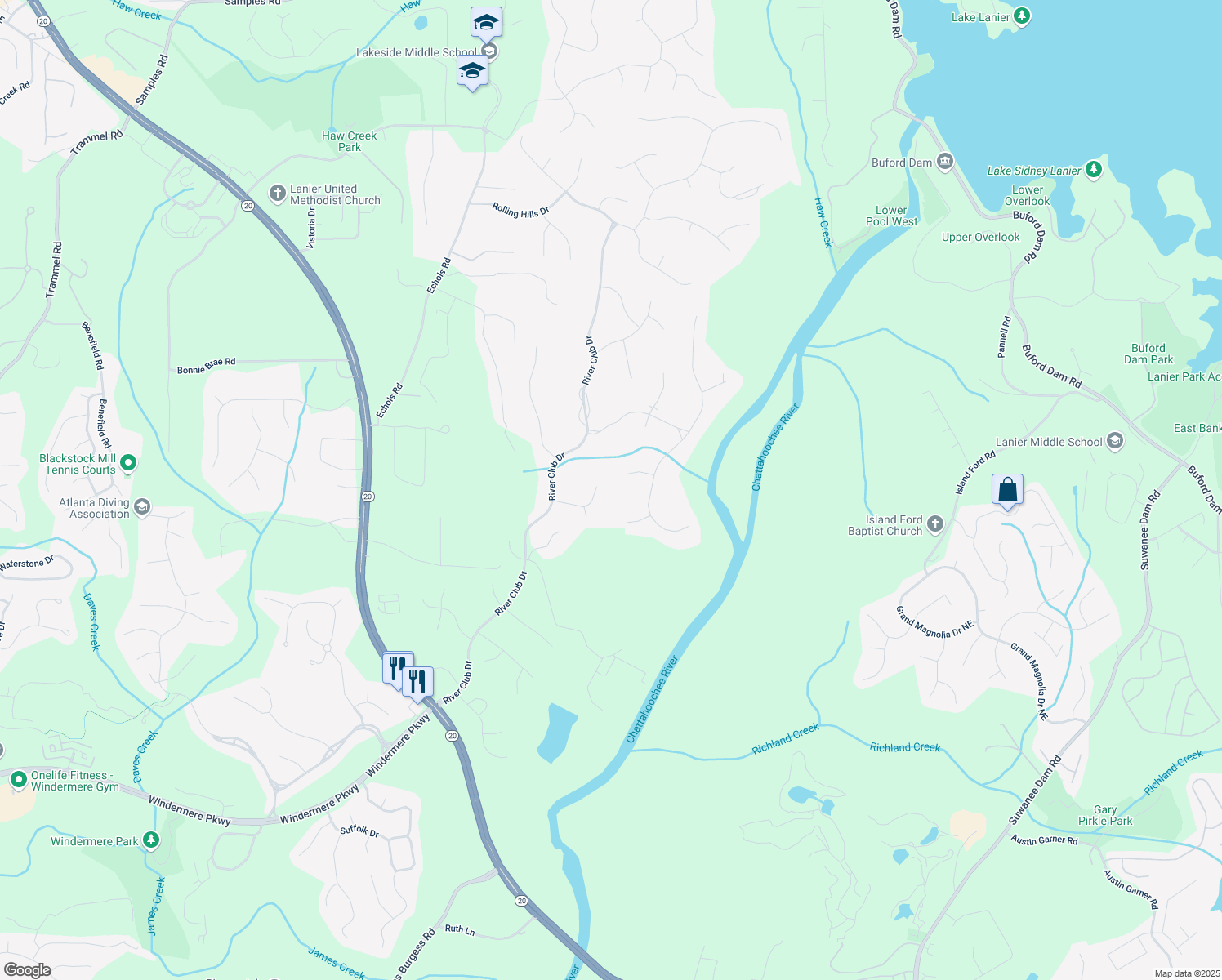 map of restaurants, bars, coffee shops, grocery stores, and more near 3840 High View Court in Cumming