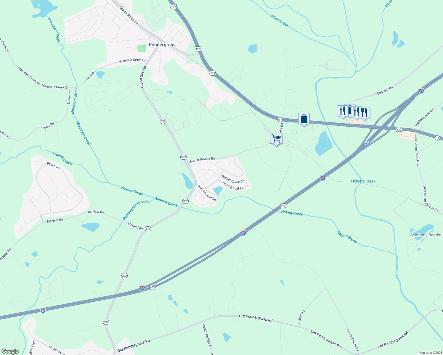 map of restaurants, bars, coffee shops, grocery stores, and more near 829 Summer Springs Court in Pendergrass
