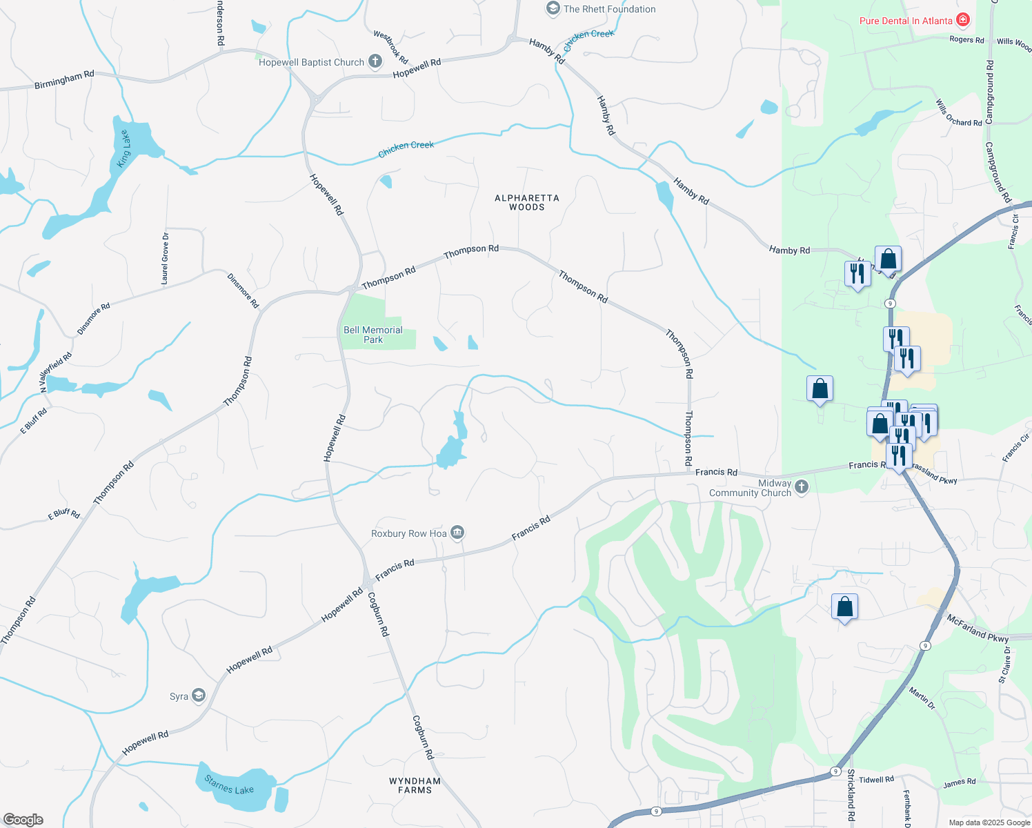 map of restaurants, bars, coffee shops, grocery stores, and more near 310 Champions View Drive in Alpharetta