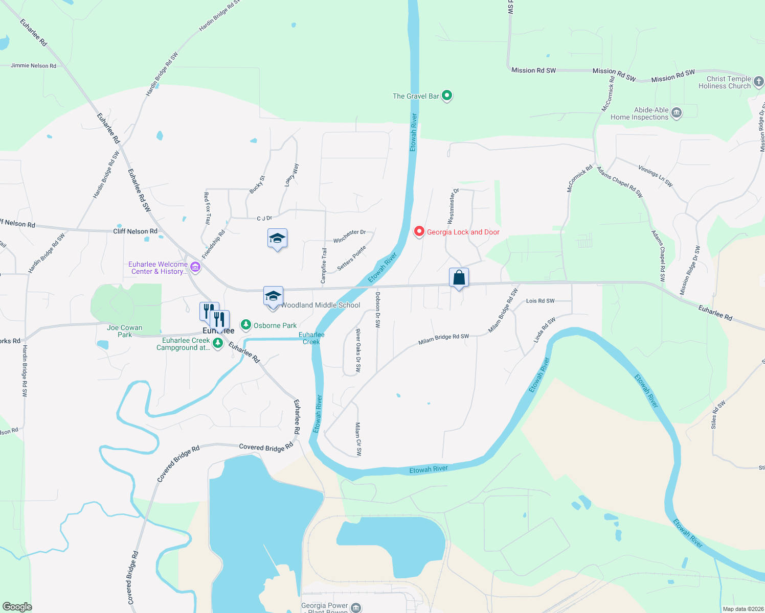 map of restaurants, bars, coffee shops, grocery stores, and more near 35 Dobson Drive Southwest in Cartersville