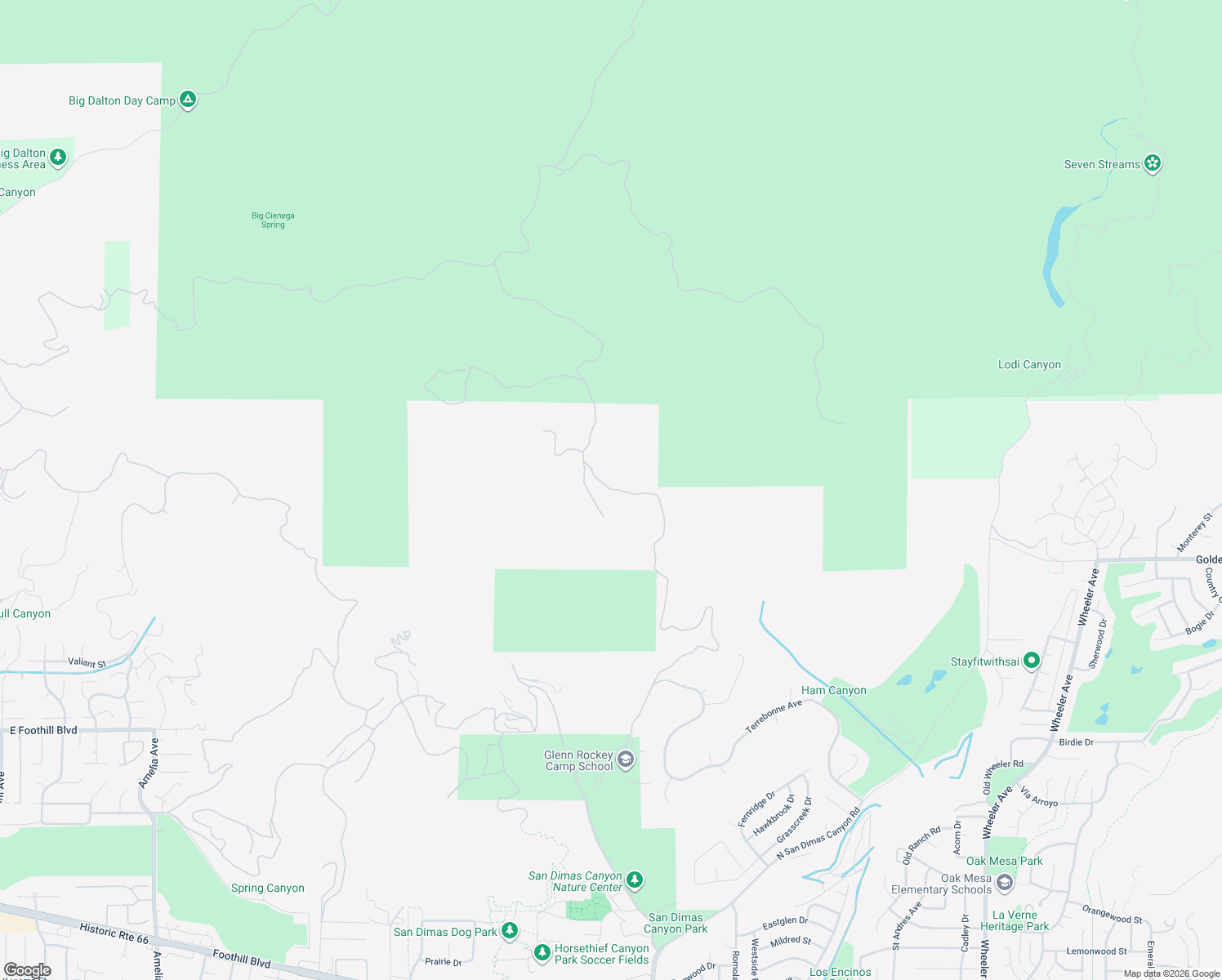 map of restaurants, bars, coffee shops, grocery stores, and more near Sycamore Flats Motorway in San Dimas